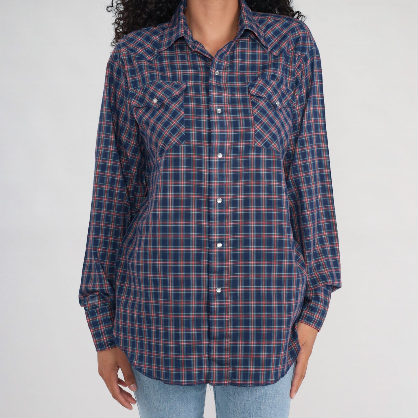 80s Plaid Pearl Snap Western Shirt Blue Cotton Men's Large