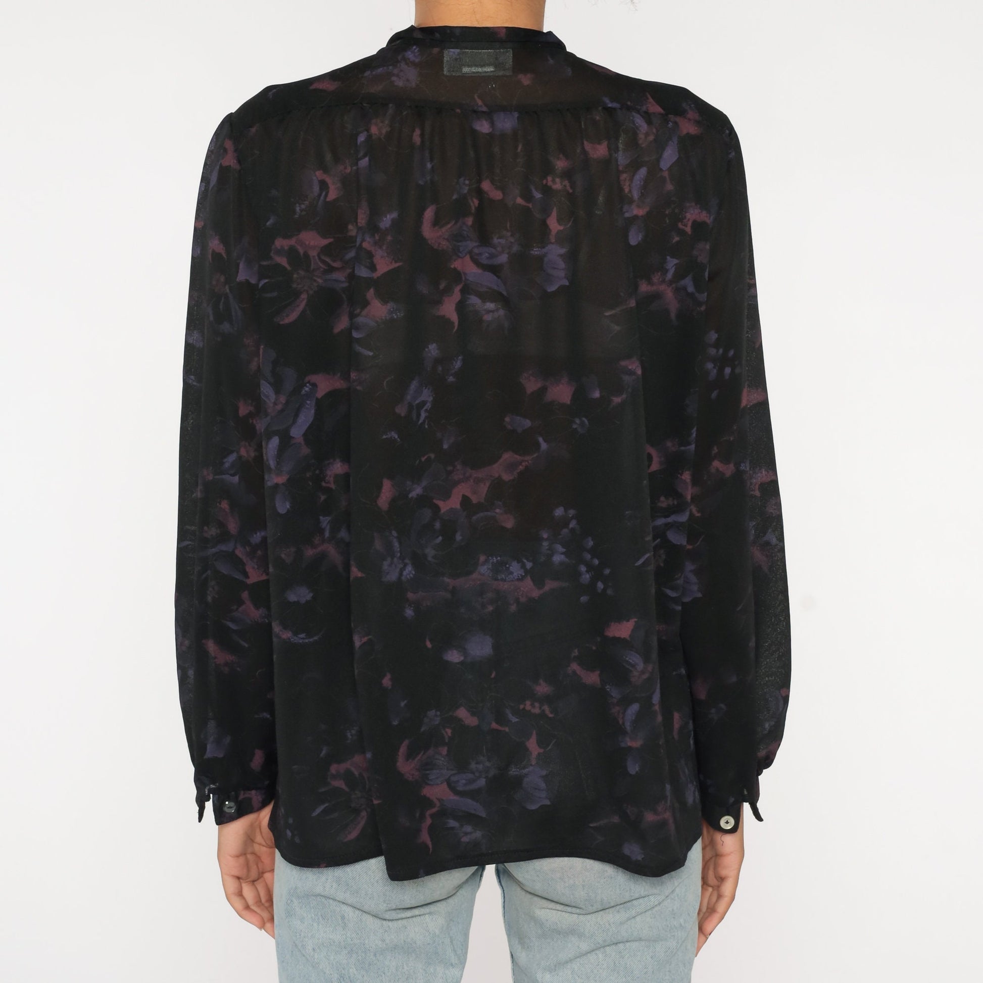 70s Black Floral Button-Up Blouse Long Sleeve Semi-Sheer Shirt Large