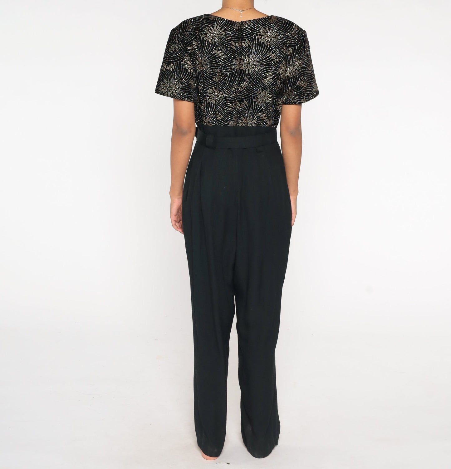 90s Black Velvet Glitter Jumpsuit High Waist Straight Leg Large