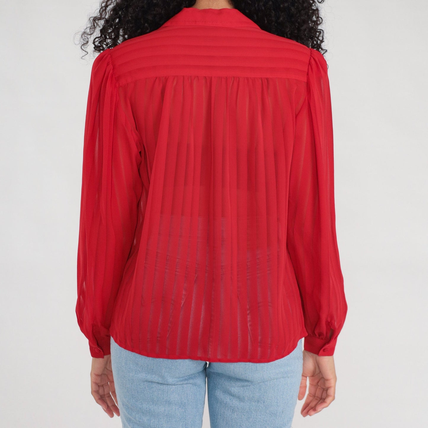 80s Red Striped Puff Sleeve Button-Up Blouse Semi-Sheer Long Sleeve Medium Large