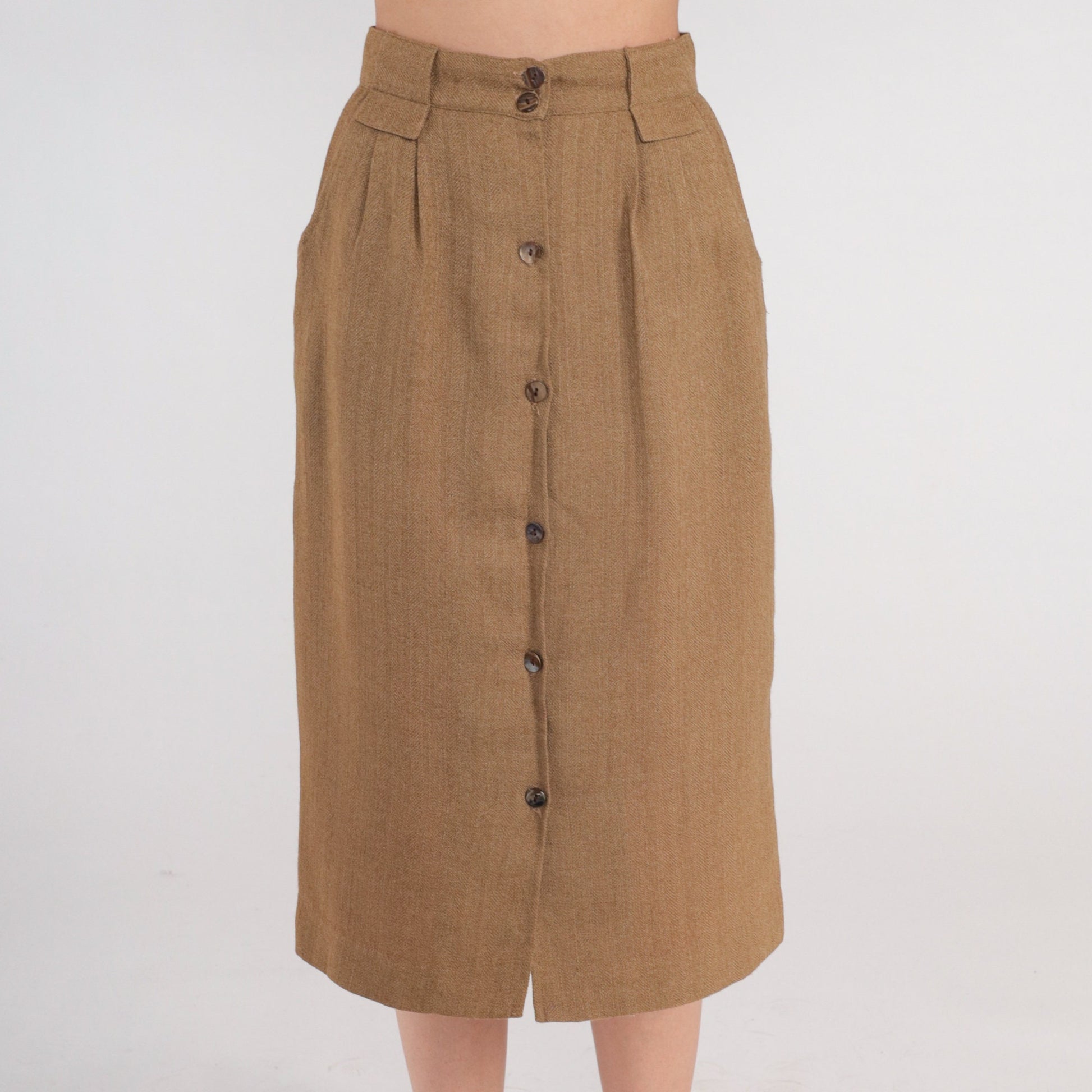 80s Brown Wool Midi Skirt High Waist Pleated Button Front Pockets Extra Small