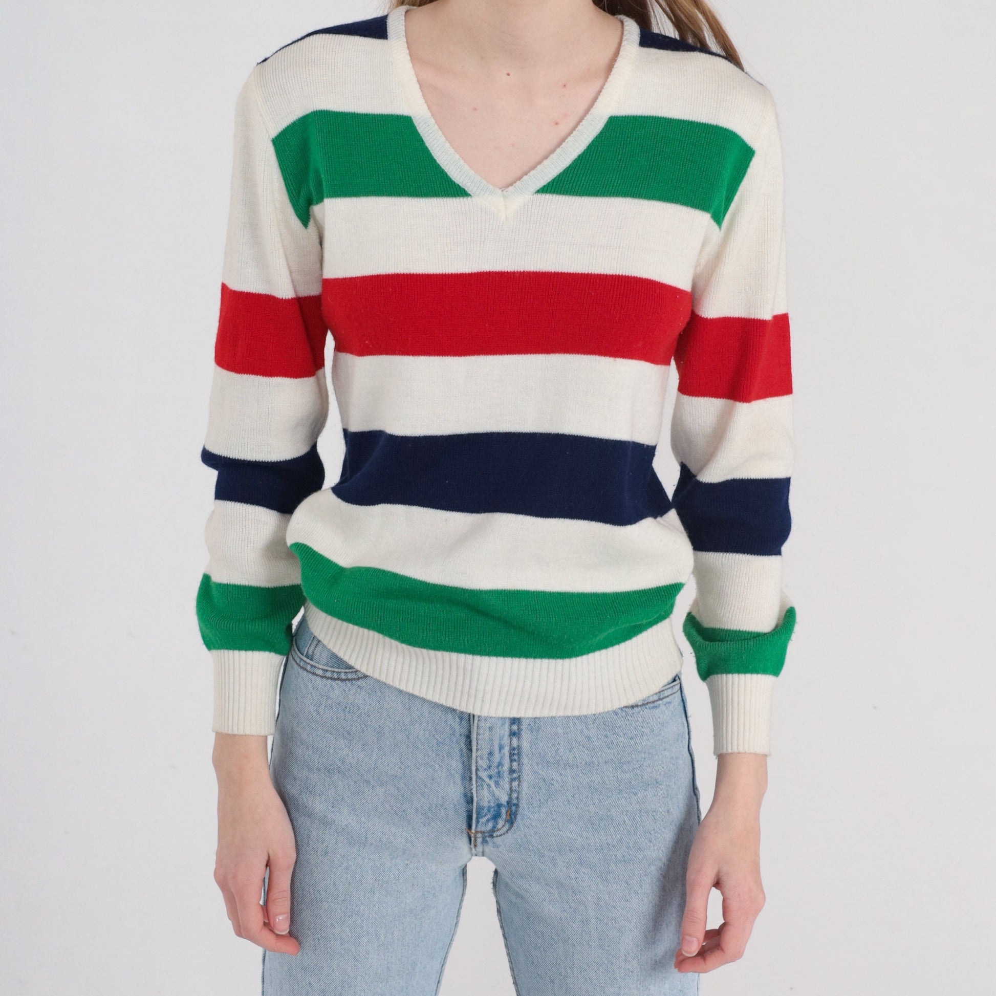 80s Striped V-Neck Sweater White Red Green Navy Pullover Small