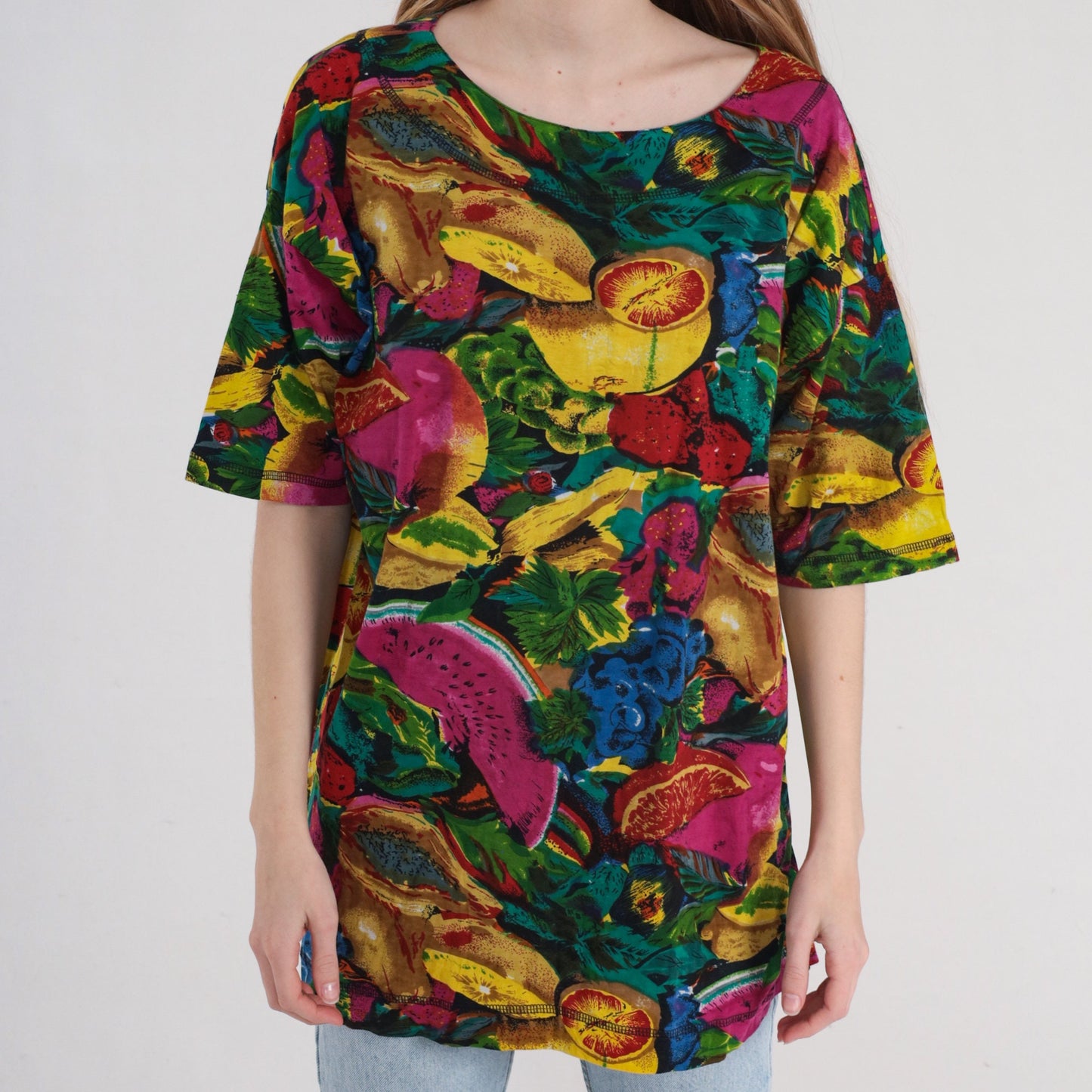 90s Fruit Print Cotton Tunic Blouse Watermelon Grape Colorful Short Sleeve Medium