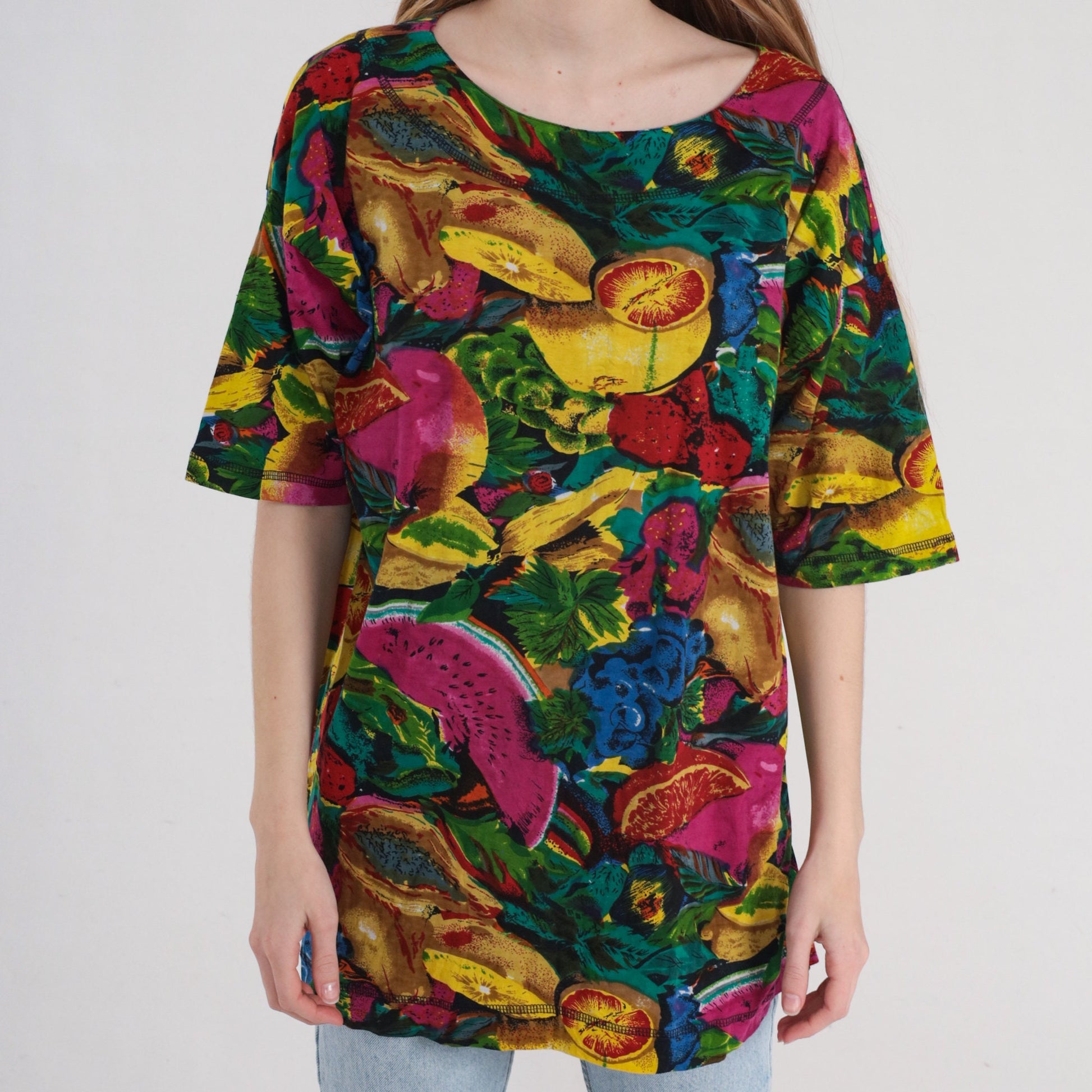 90s Fruit Print Cotton Tunic Blouse Watermelon Grape Colorful Short Sleeve Medium