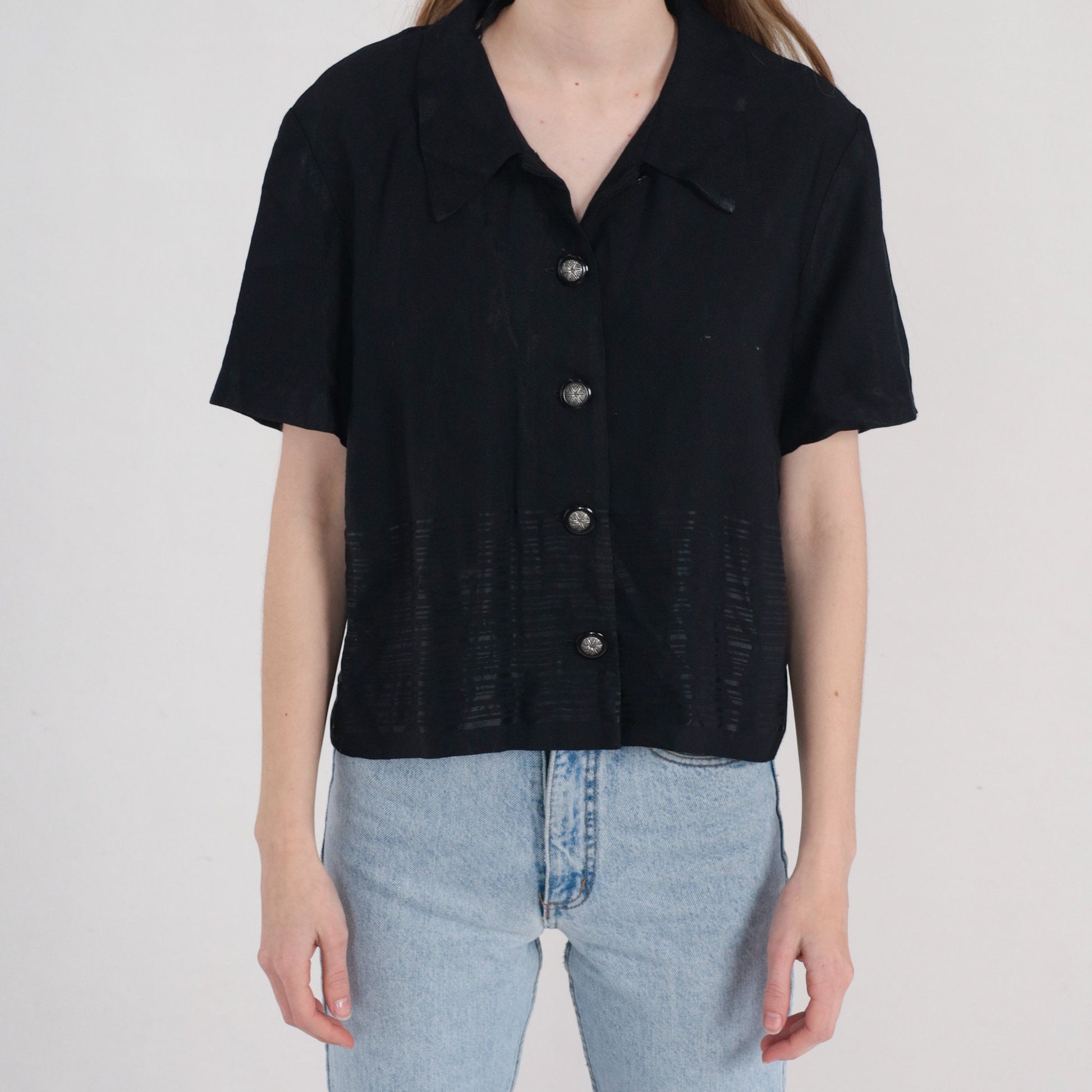 90s Black Button-Up Blouse Shiny Striped Short Sleeve Large L