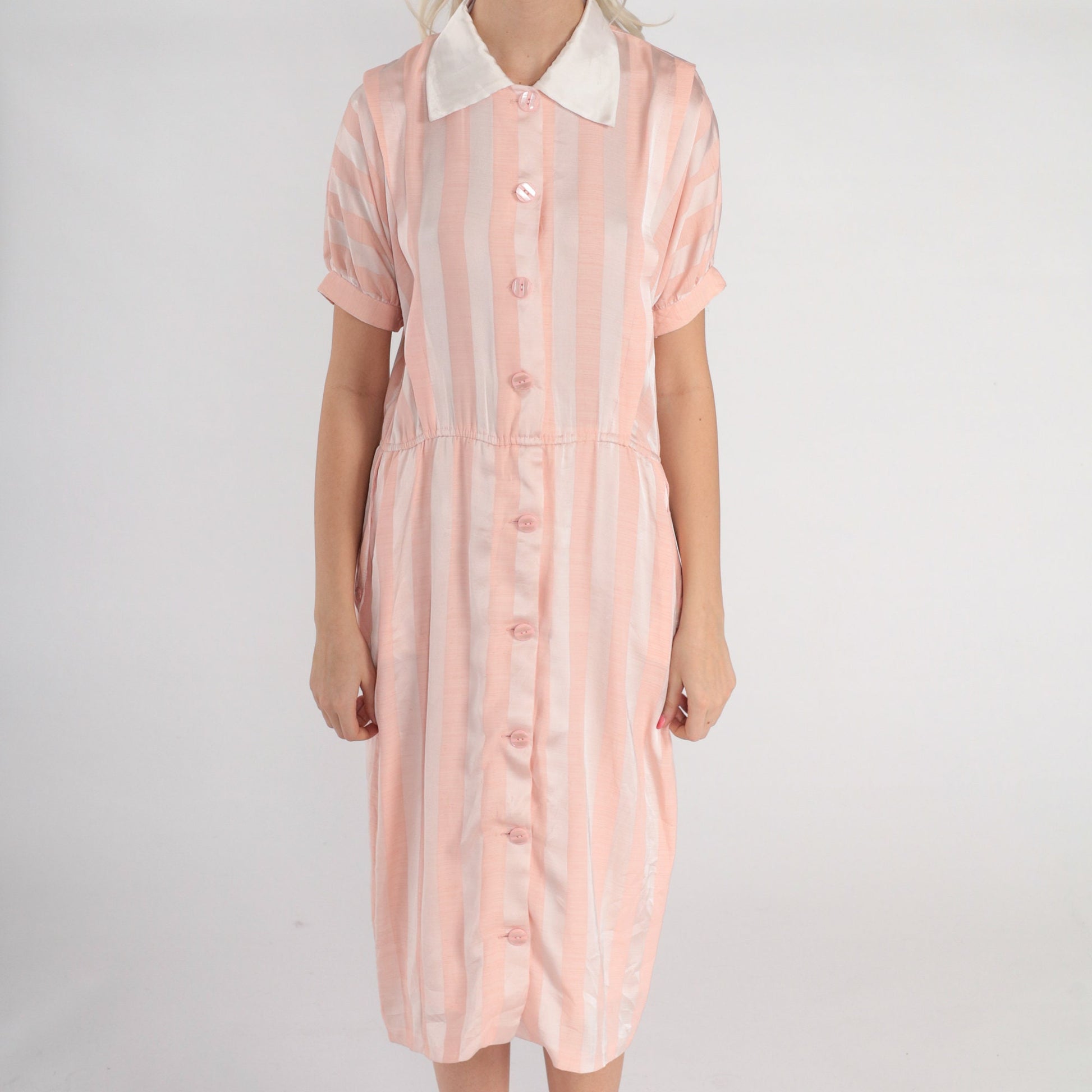 80s Pink White Striped Silk Midi Dress Collared Button-Up Short Sleeve Medium