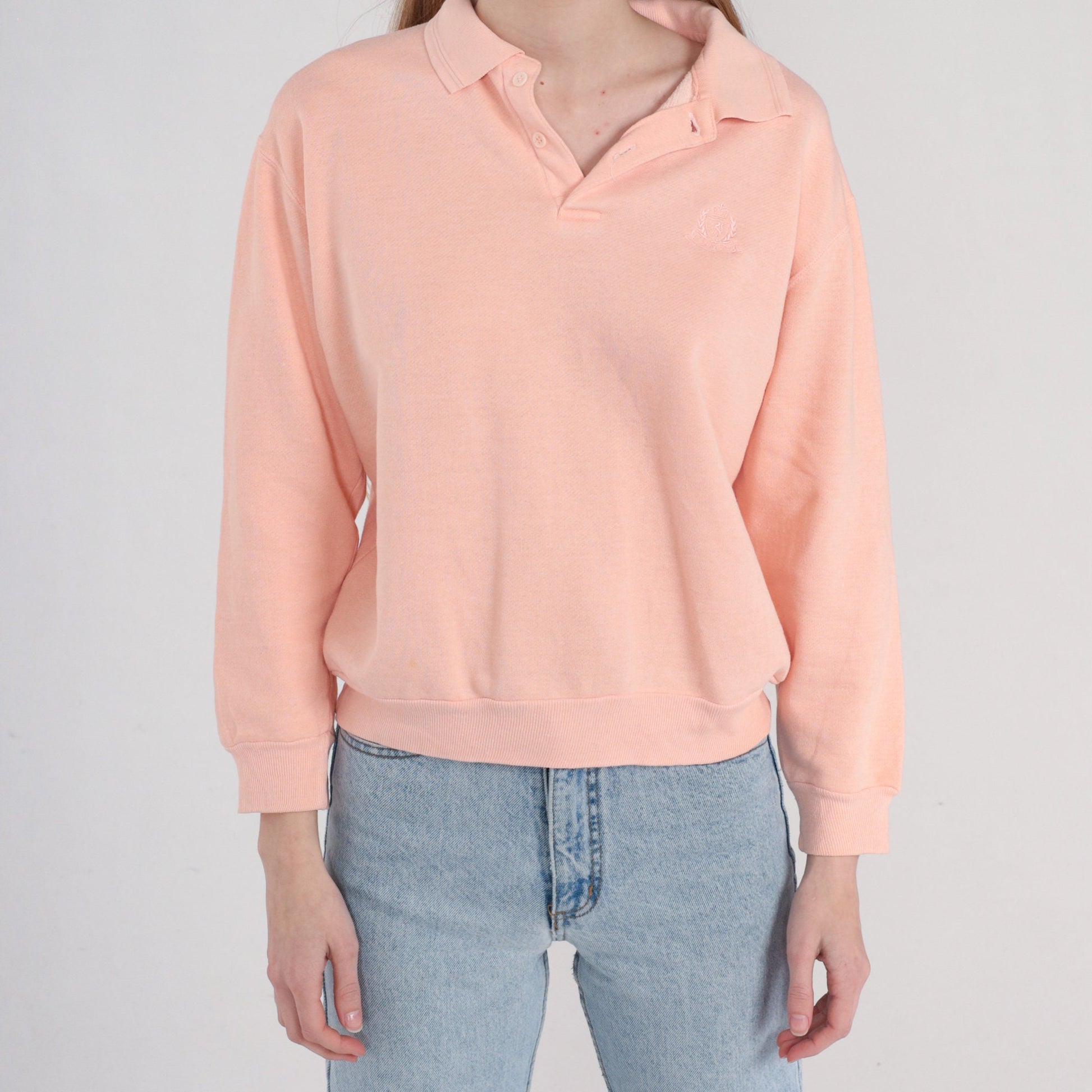 90s Polo Collared Sweatshirt Peachy Pink Embroidered Crest Medium