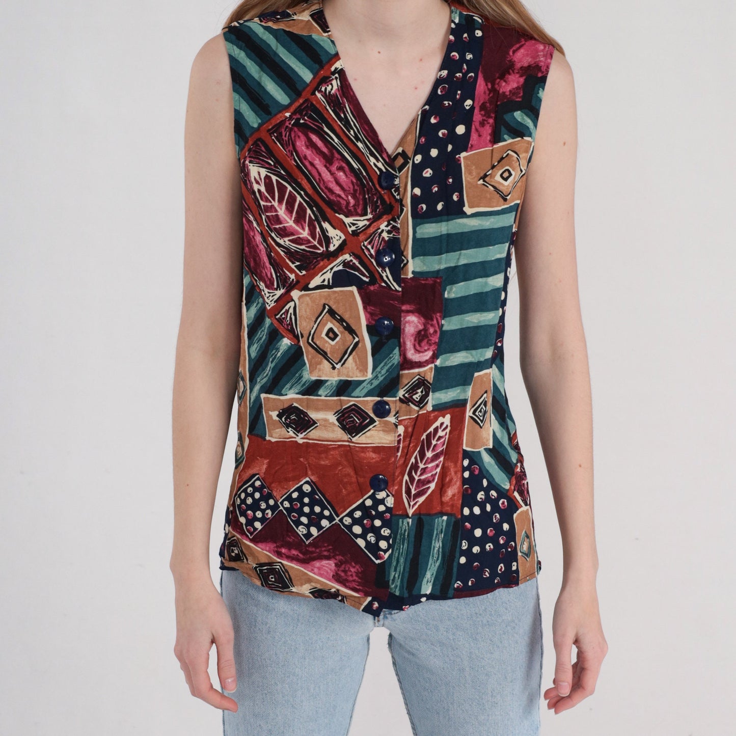 90s Abstract Print Button-Up Tank Top Sleeveless Blouse Medium