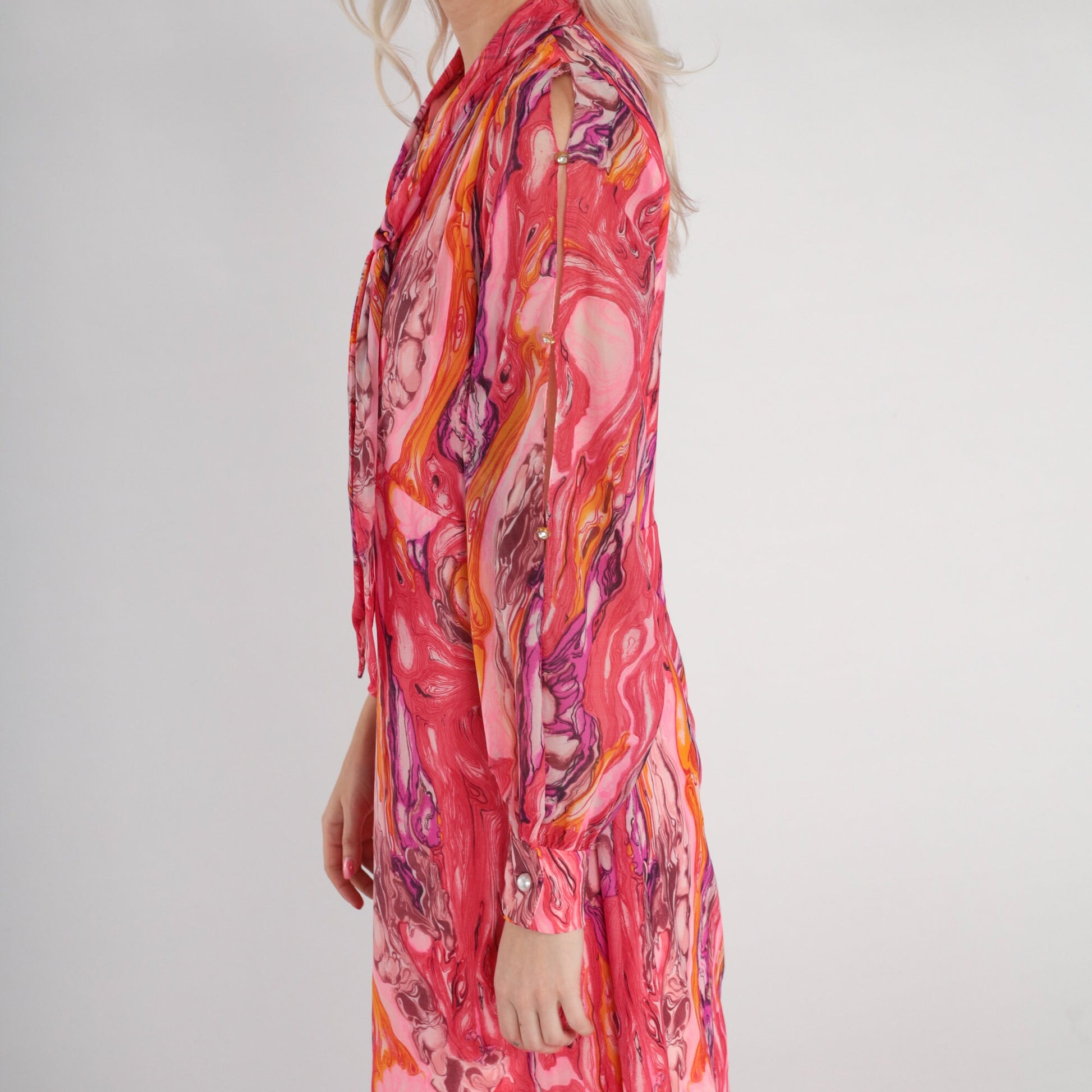 70s Psychedelic Marble Print Maxi Dress Pink Orange Purple Keyhole Tie Neck Small
