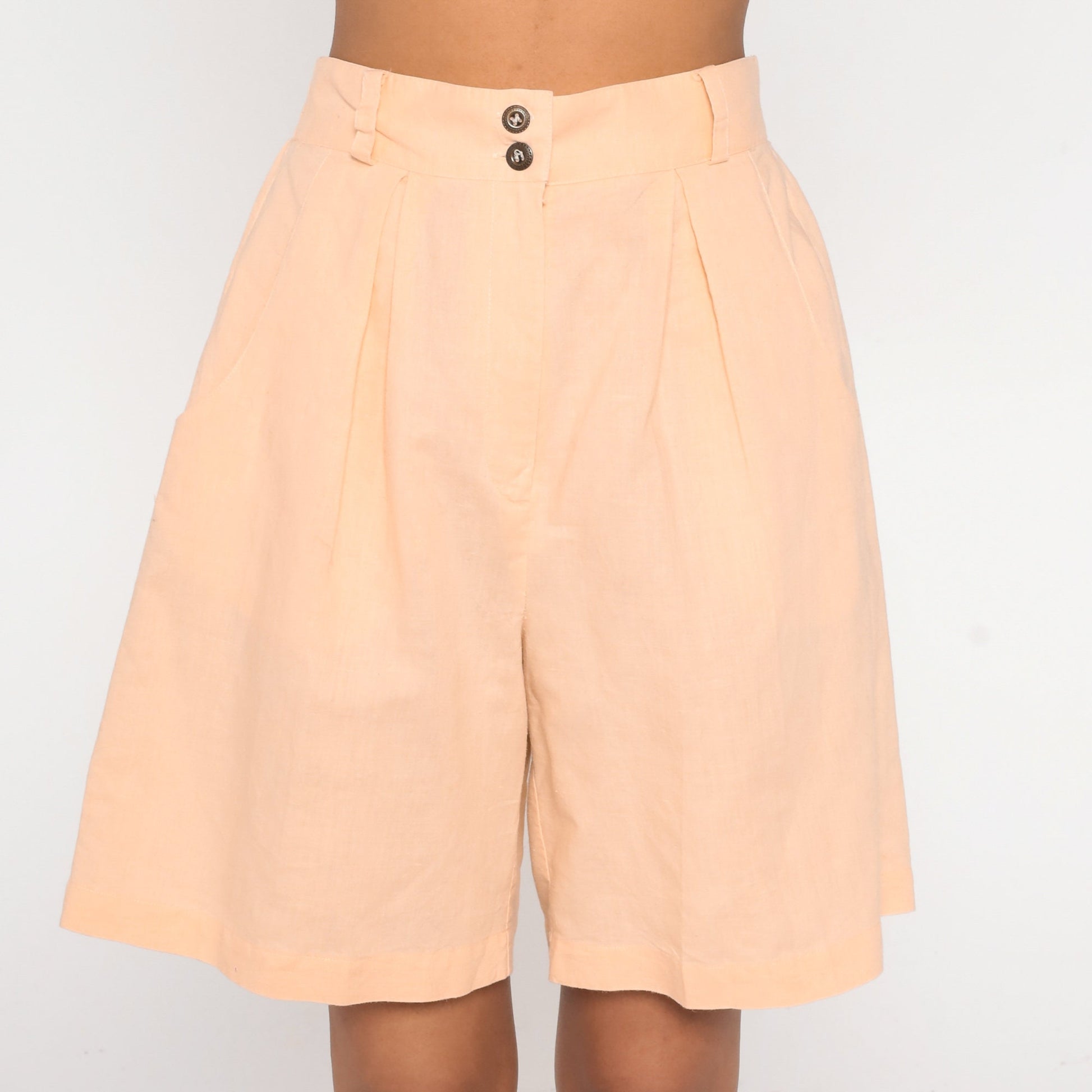 90s Light Peach Pleated High-Waist Shorts Cotton Blend Medium