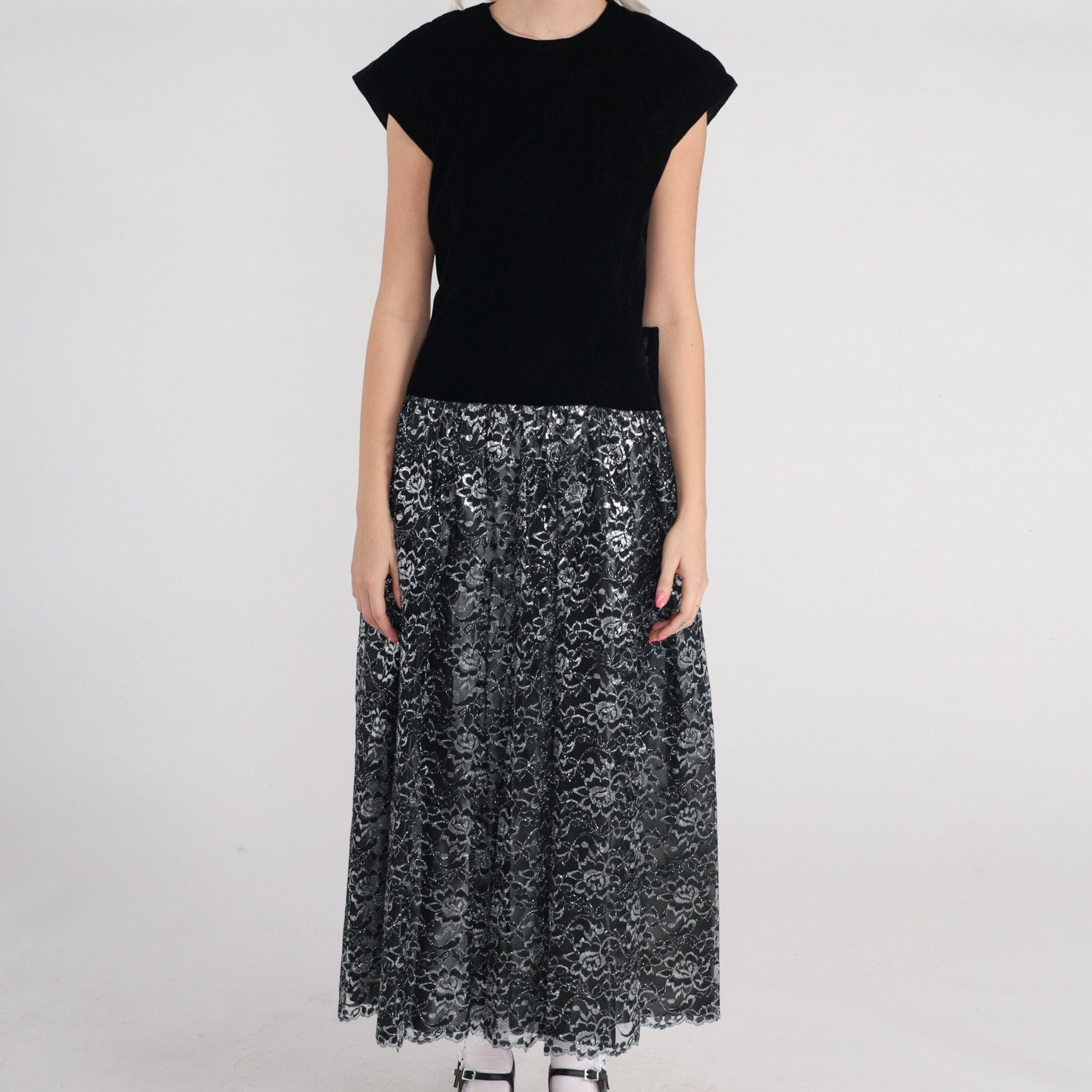 80s Black Velvet Metallic Floral Lace Maxi Dress Drop Waist Cap Sleeve Small