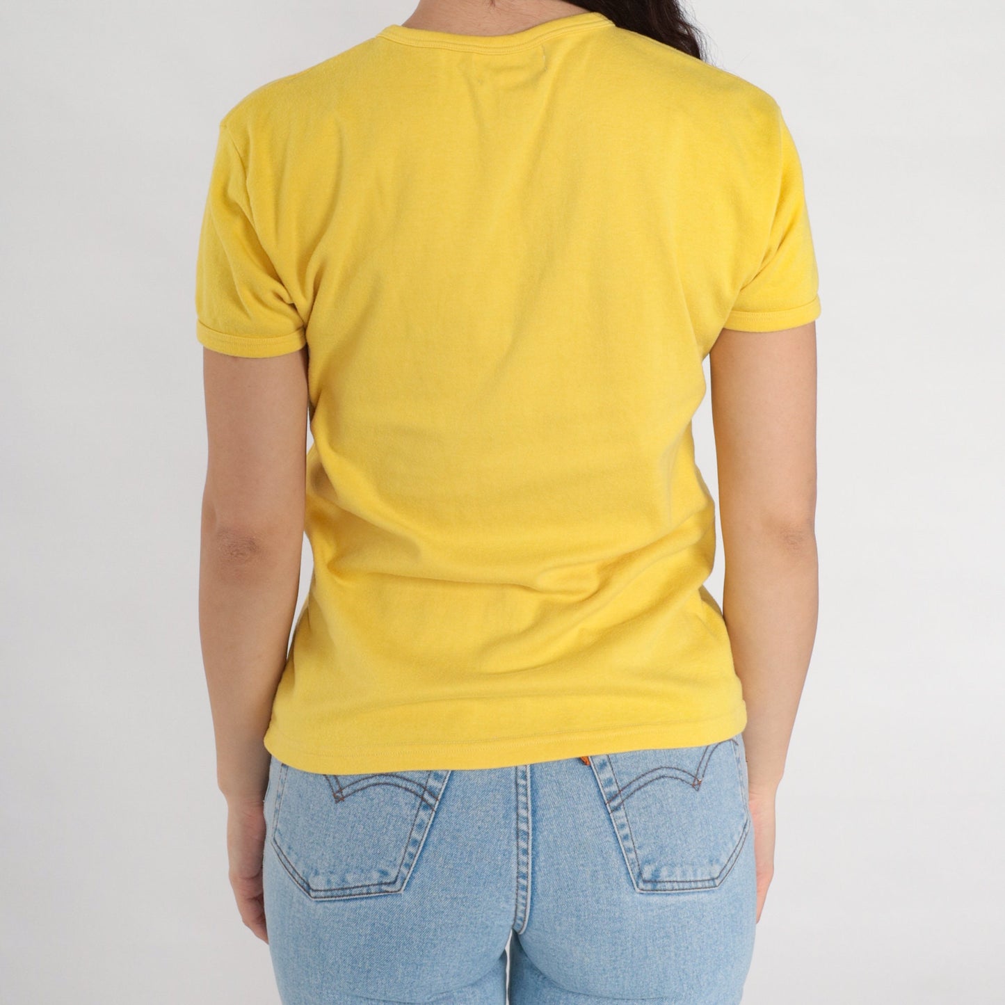 90s Yellow V-Neck T-Shirt Plain Cotton Blend Tee Small S
