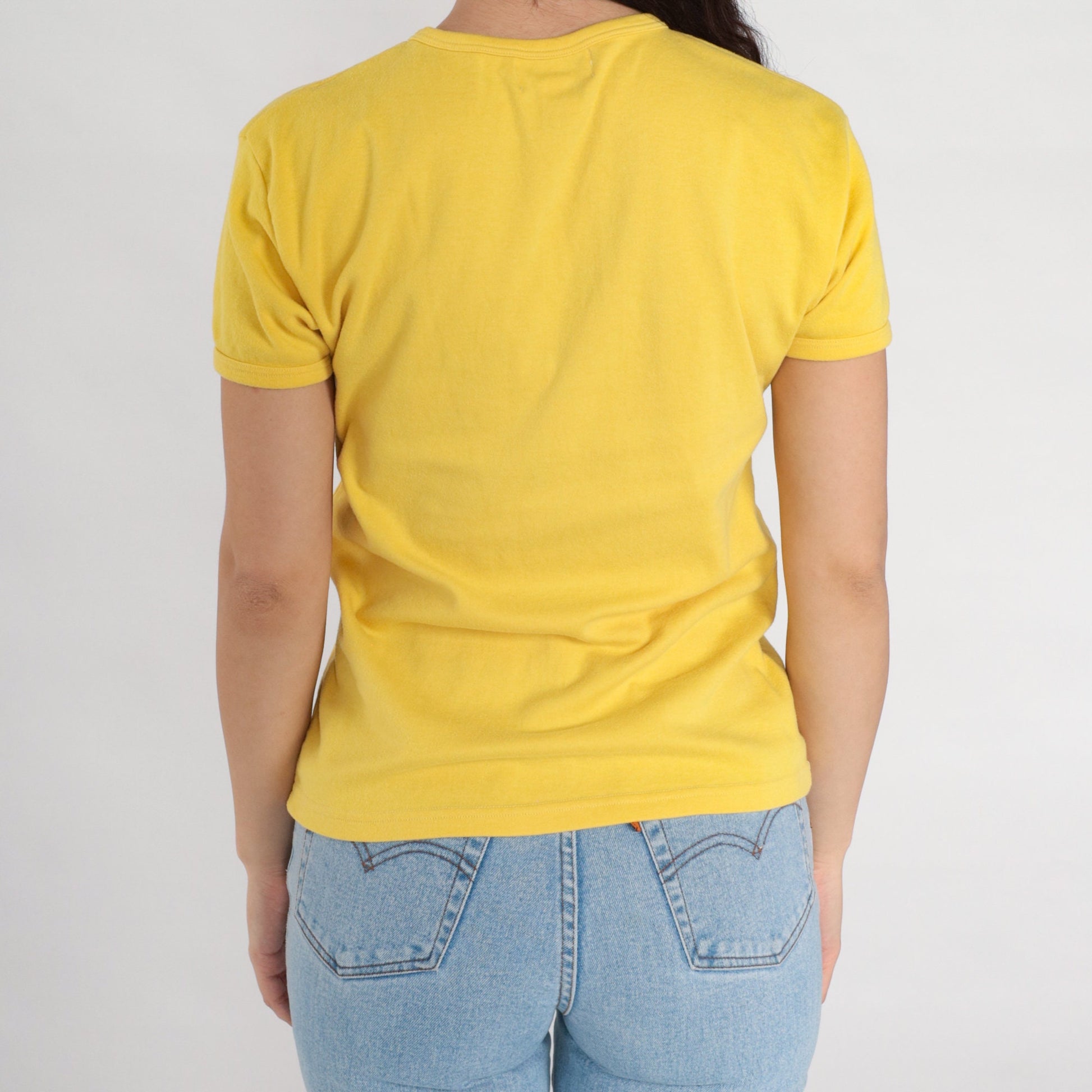 90s Yellow V-Neck T-Shirt Plain Cotton Blend Tee Small S