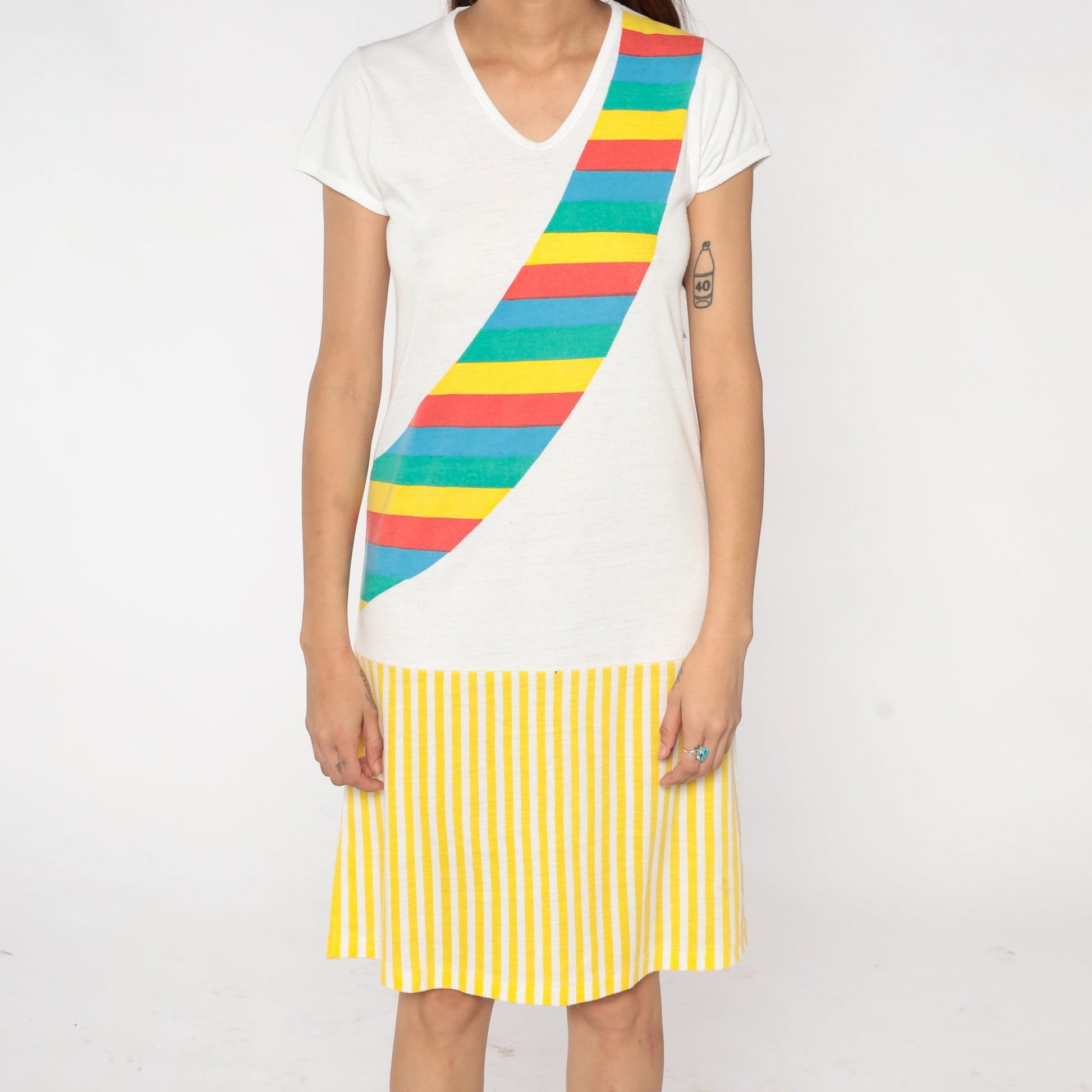 80s Rainbow Sash Striped T-Shirt Dress White Yellow Mini V-Neck Small S