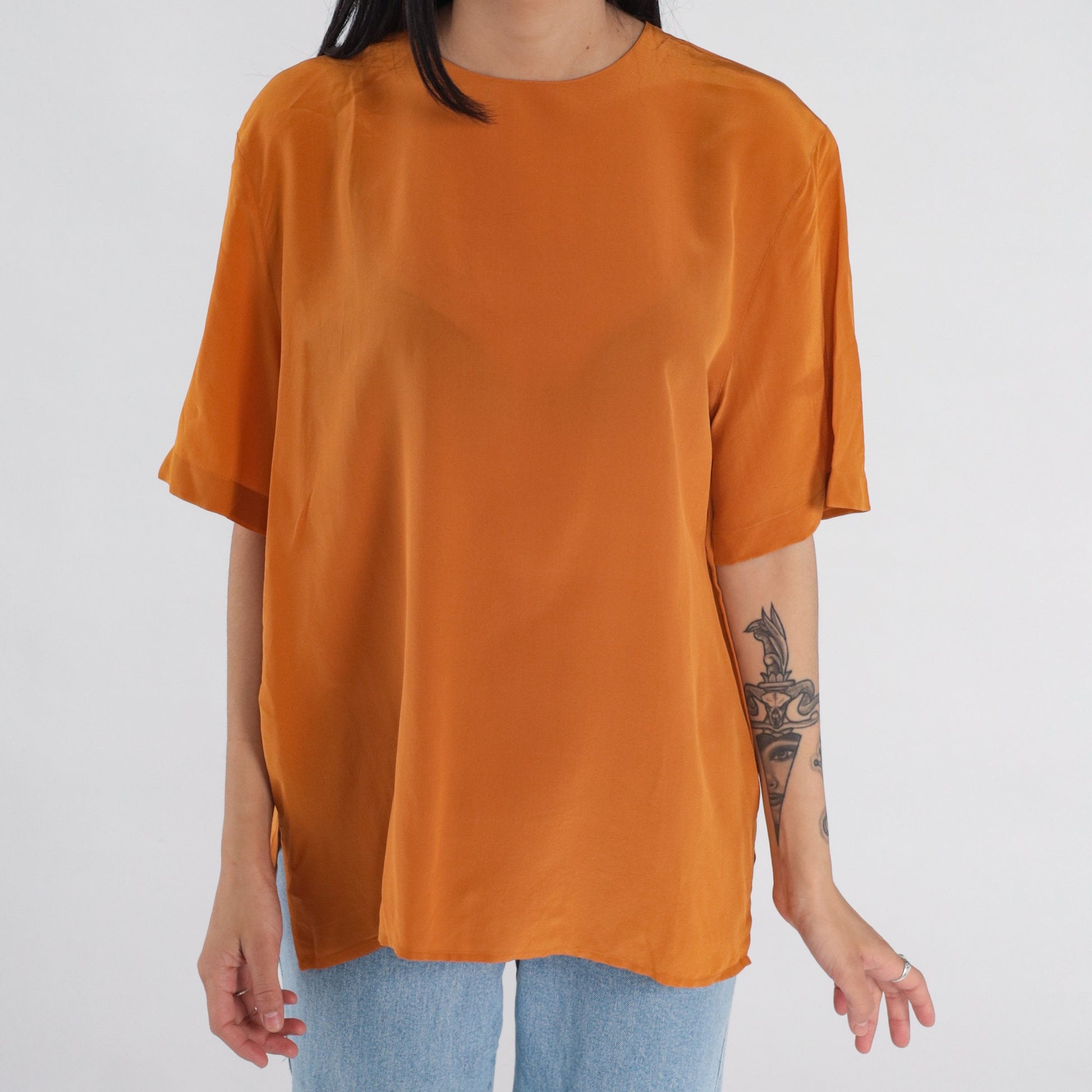 90s Orange Silk Blouse Short Sleeve Keyhole Back Vintage Top Large
