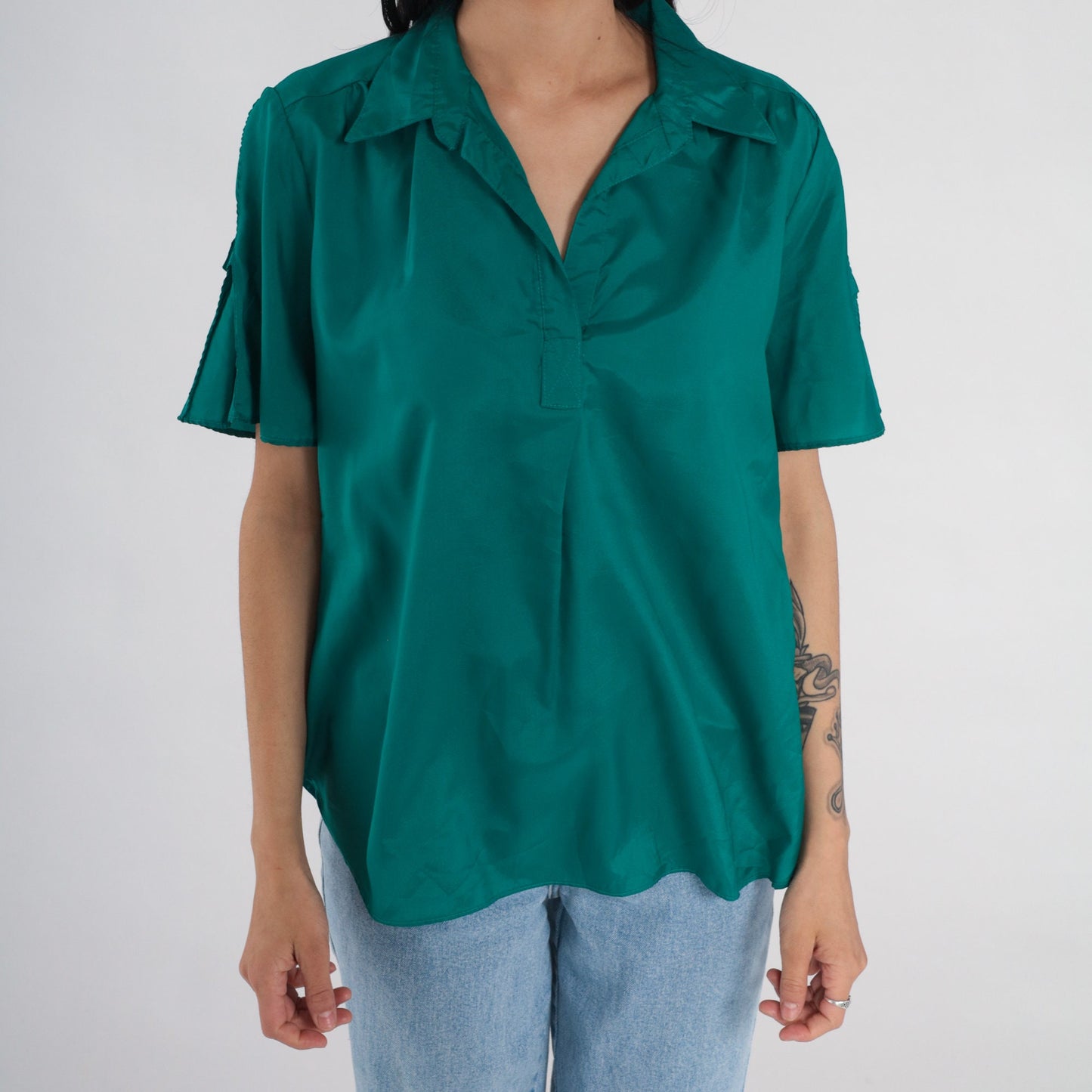 80s You Babes Green Collared Blouse Slit Sleeve V-Neck Medium Large