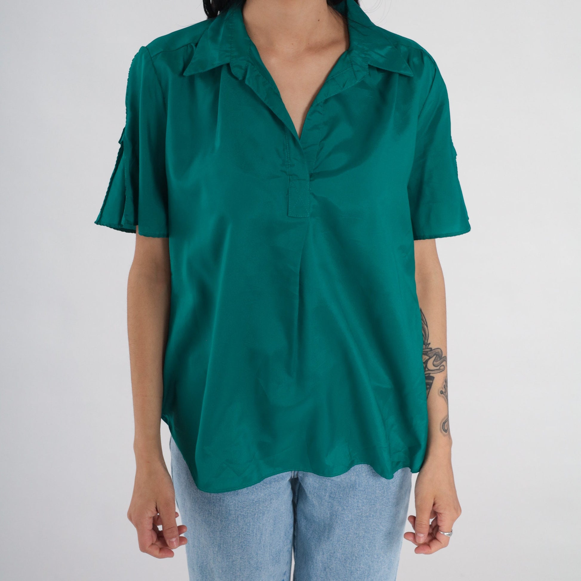 80s You Babes Green Collared Blouse Slit Sleeve V-Neck Medium Large