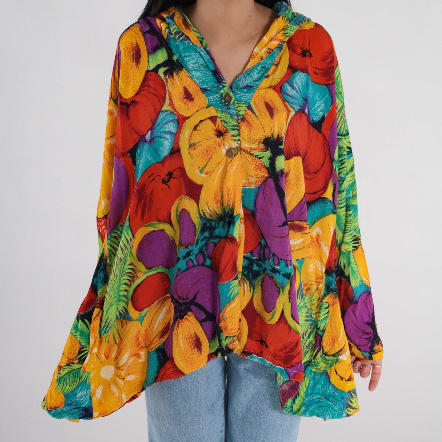 00s Fruit Print Hooded Blouse Colorful Long Sleeve High-Low Tunic One Size