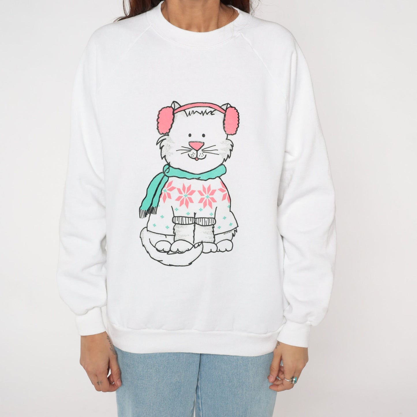 90s Winter Cat Front Back Print Sweatshirt White Jerzees Raglan Large L