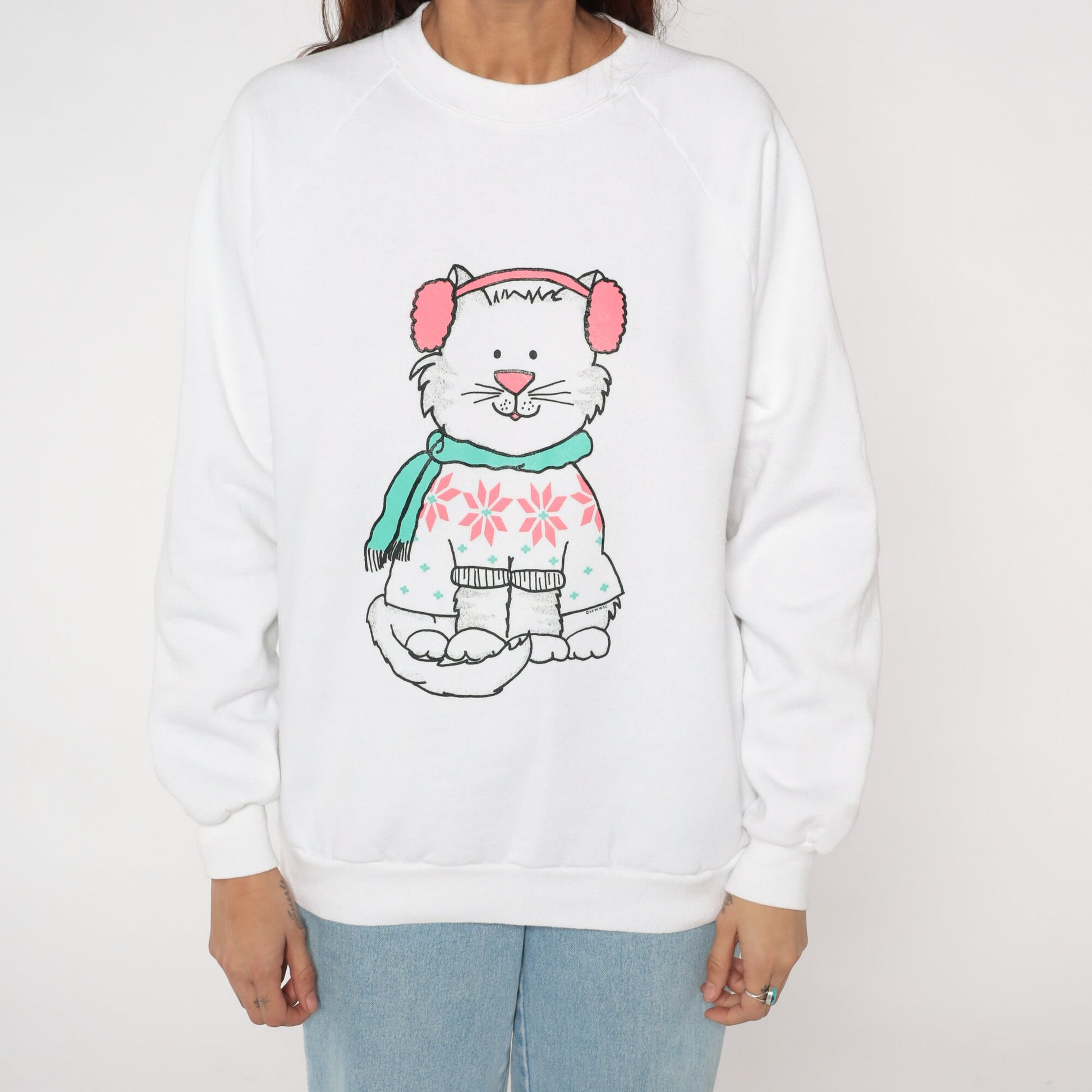 90s Winter Cat Front Back Print Sweatshirt White Jerzees Raglan Large L