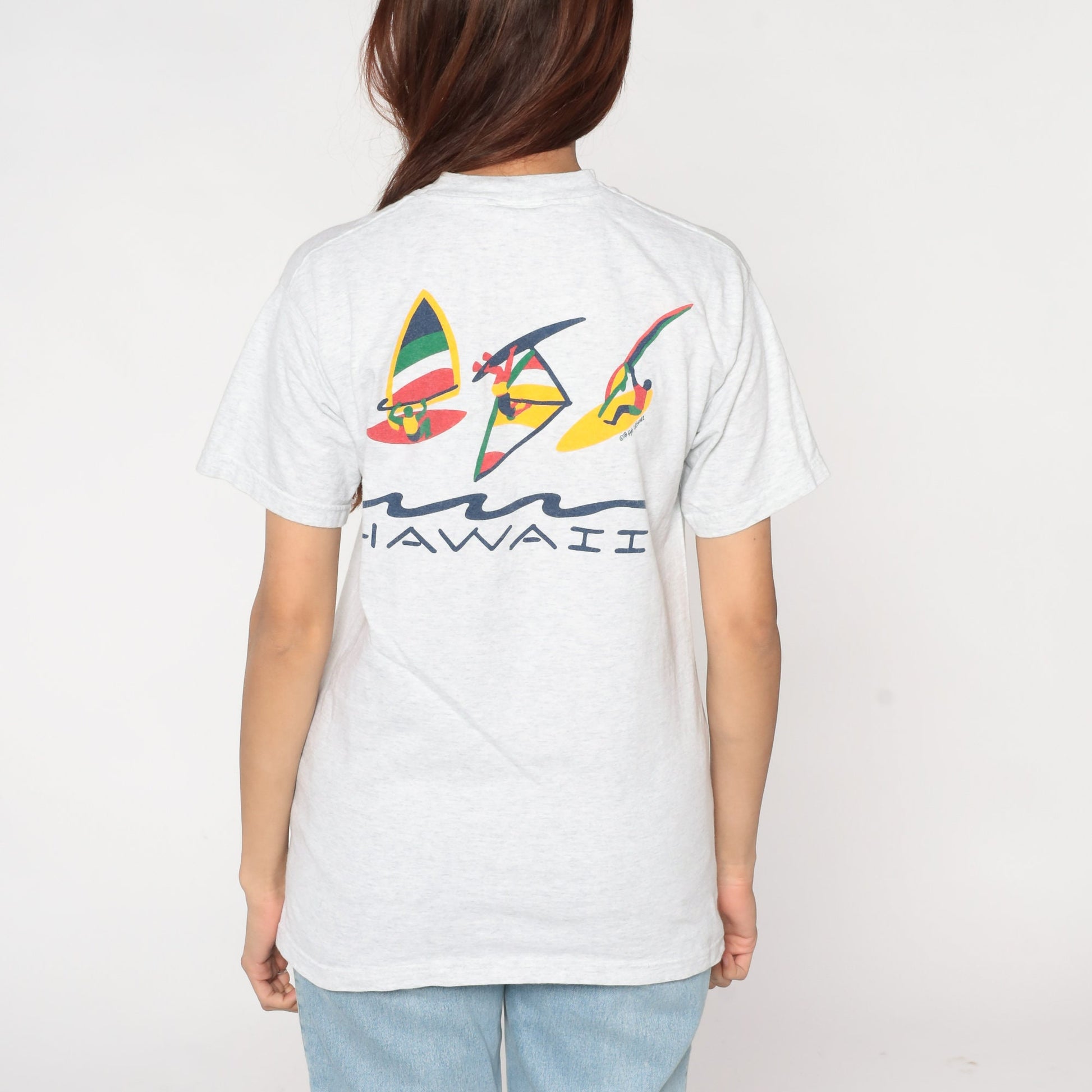 90s Hawaii Windsurfing Graphic T-Shirt Light Grey Cotton Single Stitch Small