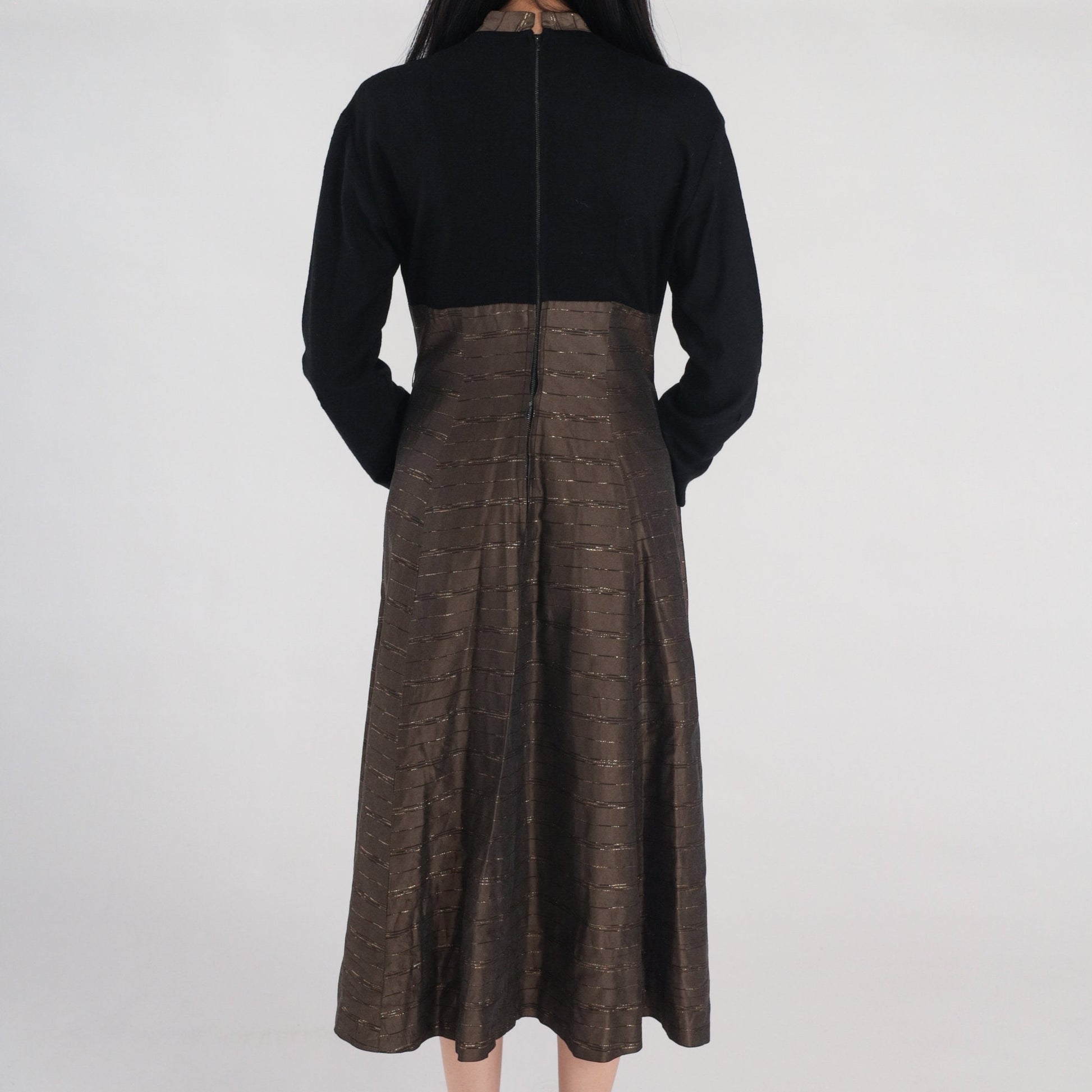 1950s Metallic Striped Brown Wool Midi Dress Black Bow High Neck Medium