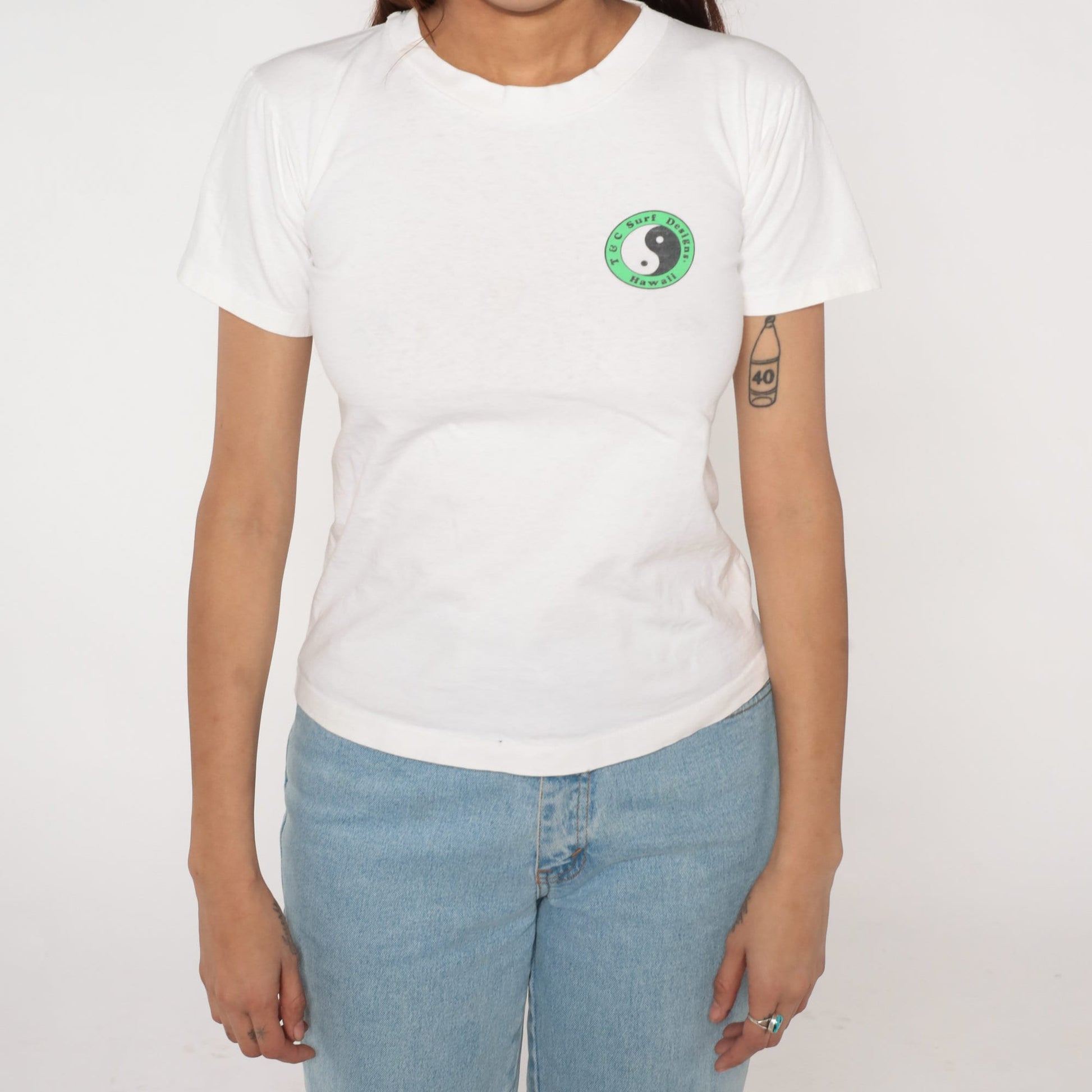 90s T&C Surf Designs Hawaiian Surf Gods Yin Yang Graphic Tee White Single Stitch XS