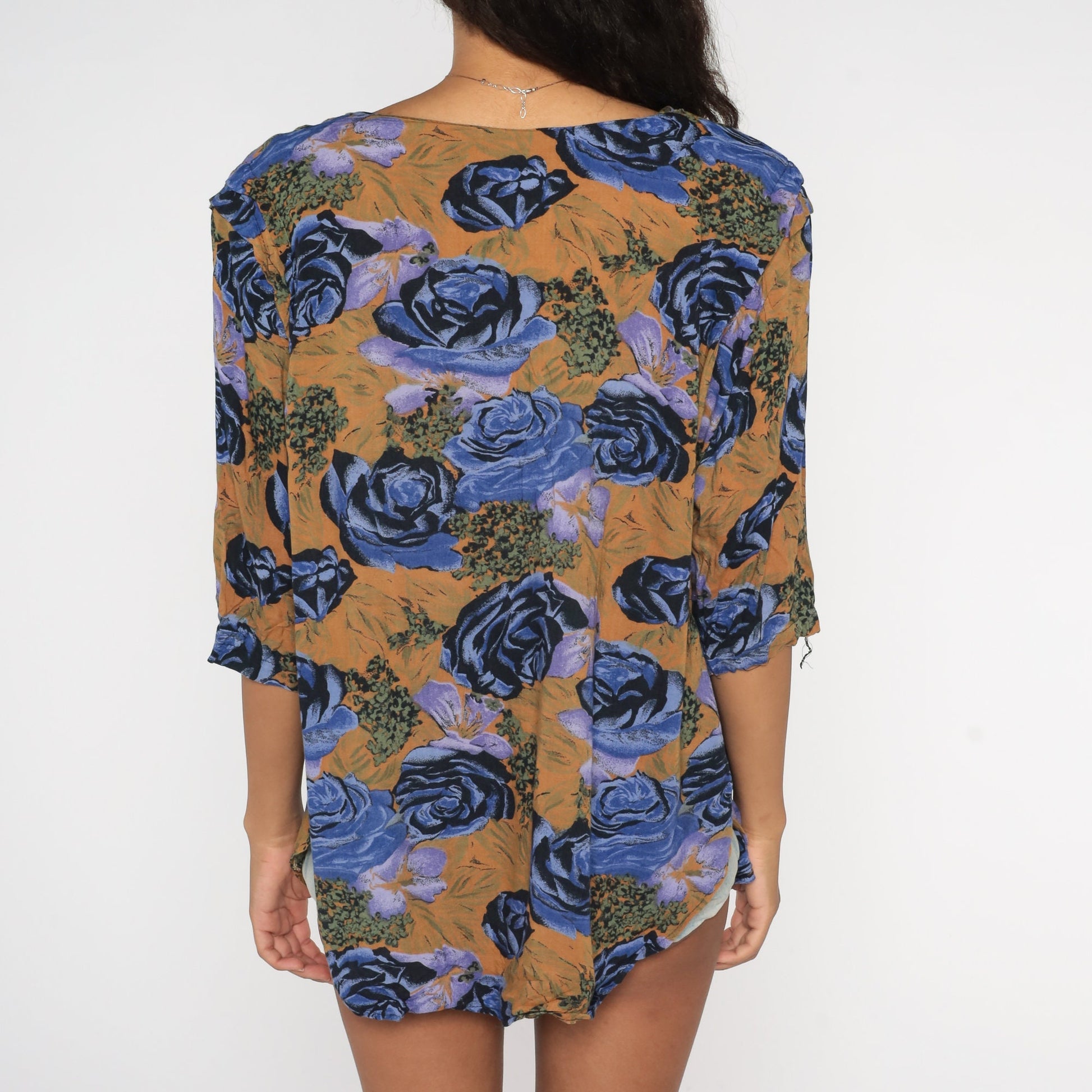 90s Floral Button Up Blouse Purple Brown Rose Print Pleated 3/4 Sleeve Extra Large