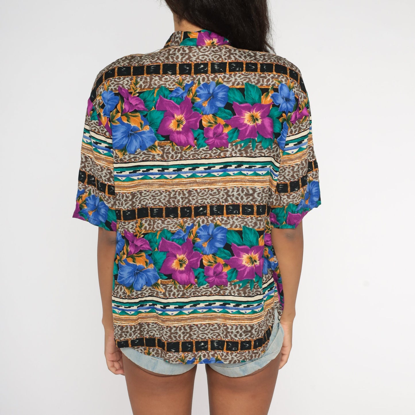 90s Kathie Lee Leopard Floral Button-Up Blouse Rayon Medium