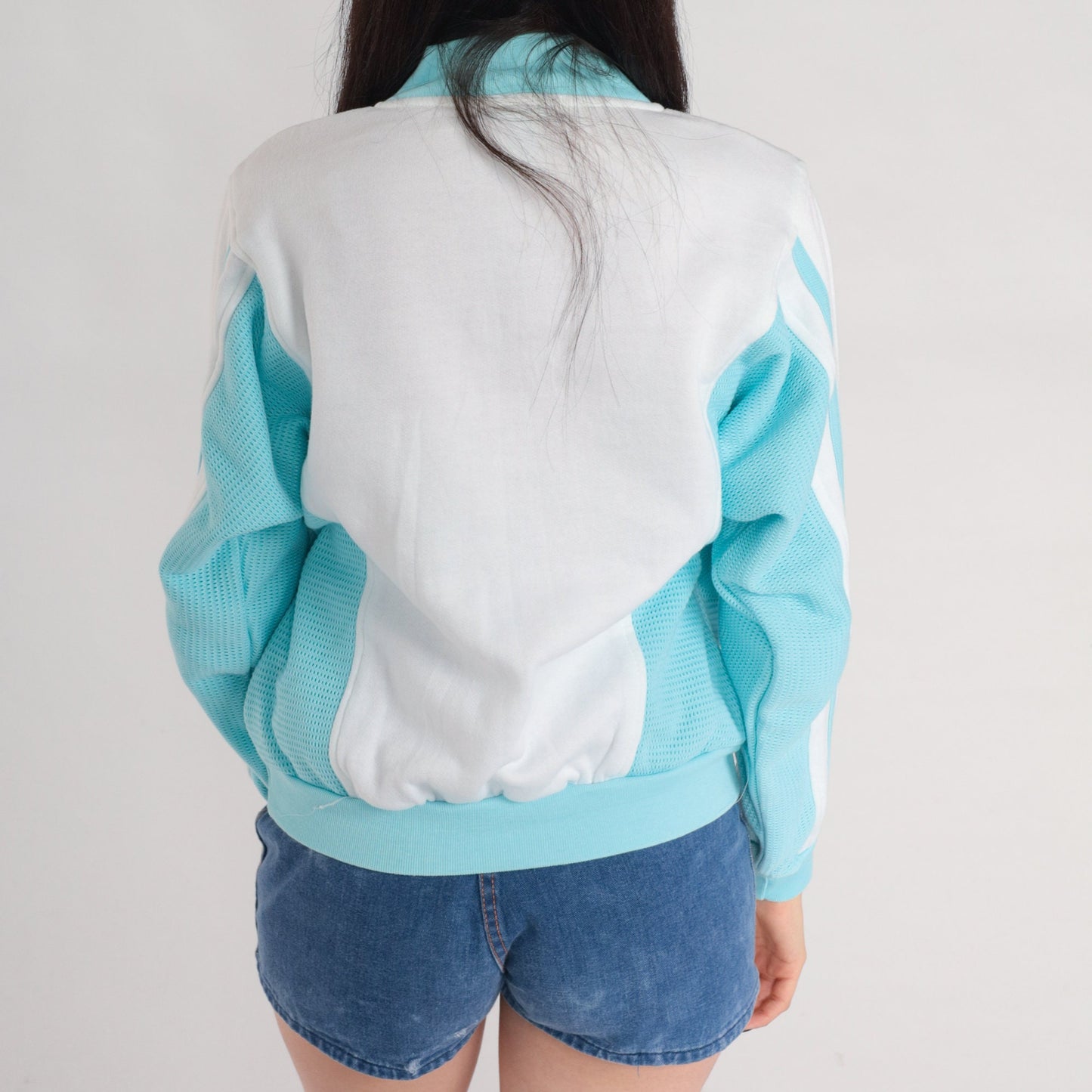 80s White Henley Sweatshirt Blue Mesh Panels Crewneck Small