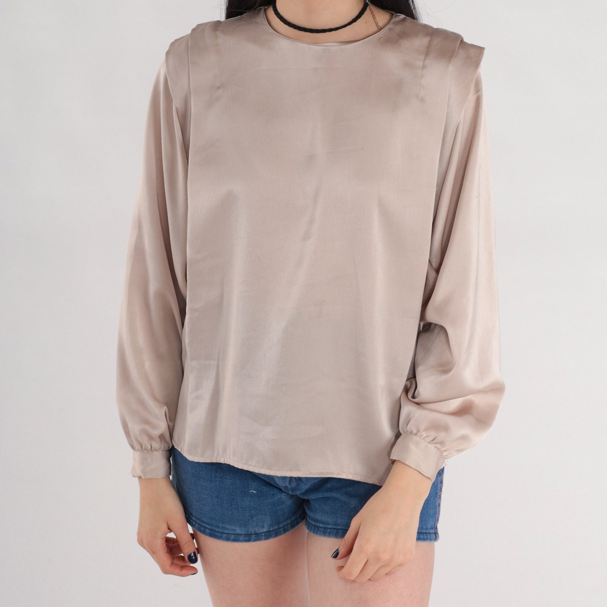 80s Champagne Pleated Blouse Long Sleeve Button Back Shiny Top Small
