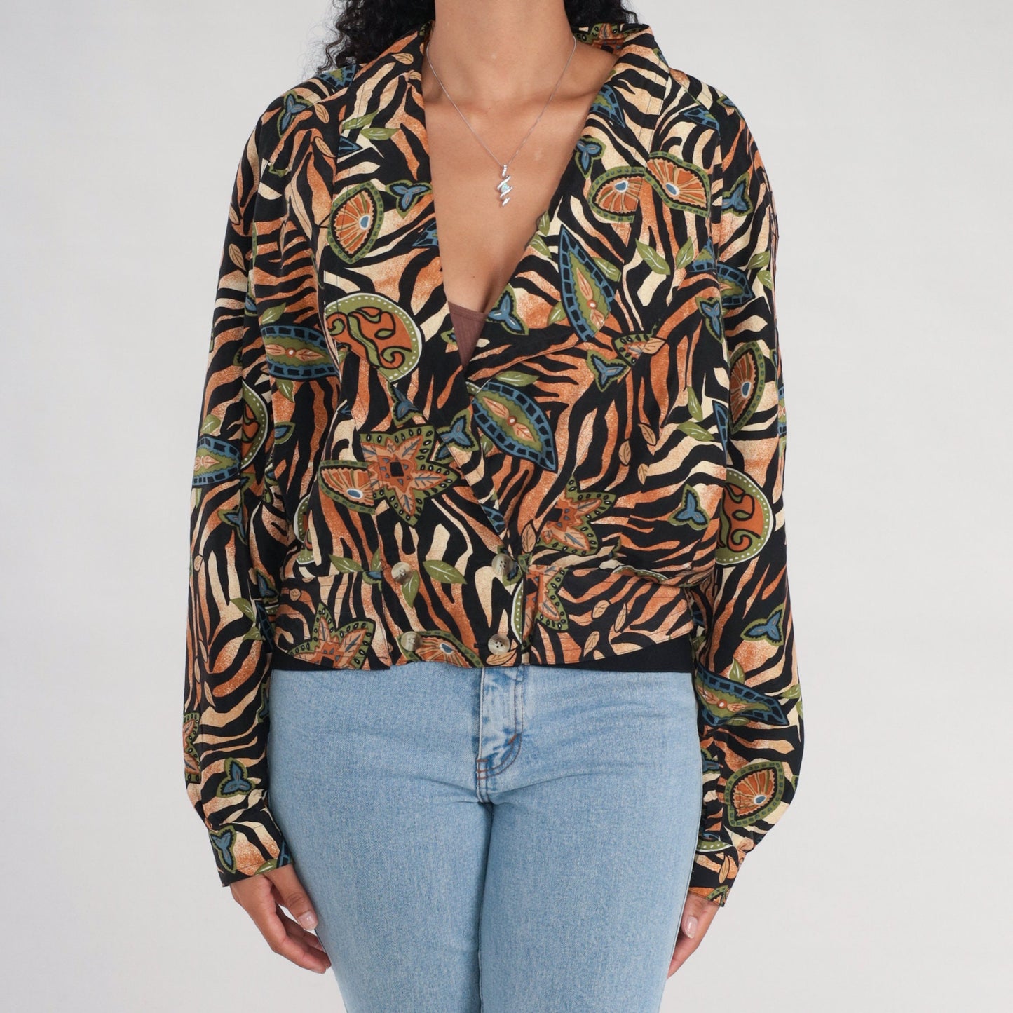 00s Silk Tiger Stripe Windbreaker Jacket Floral Deep V Black Burnt Orange Large