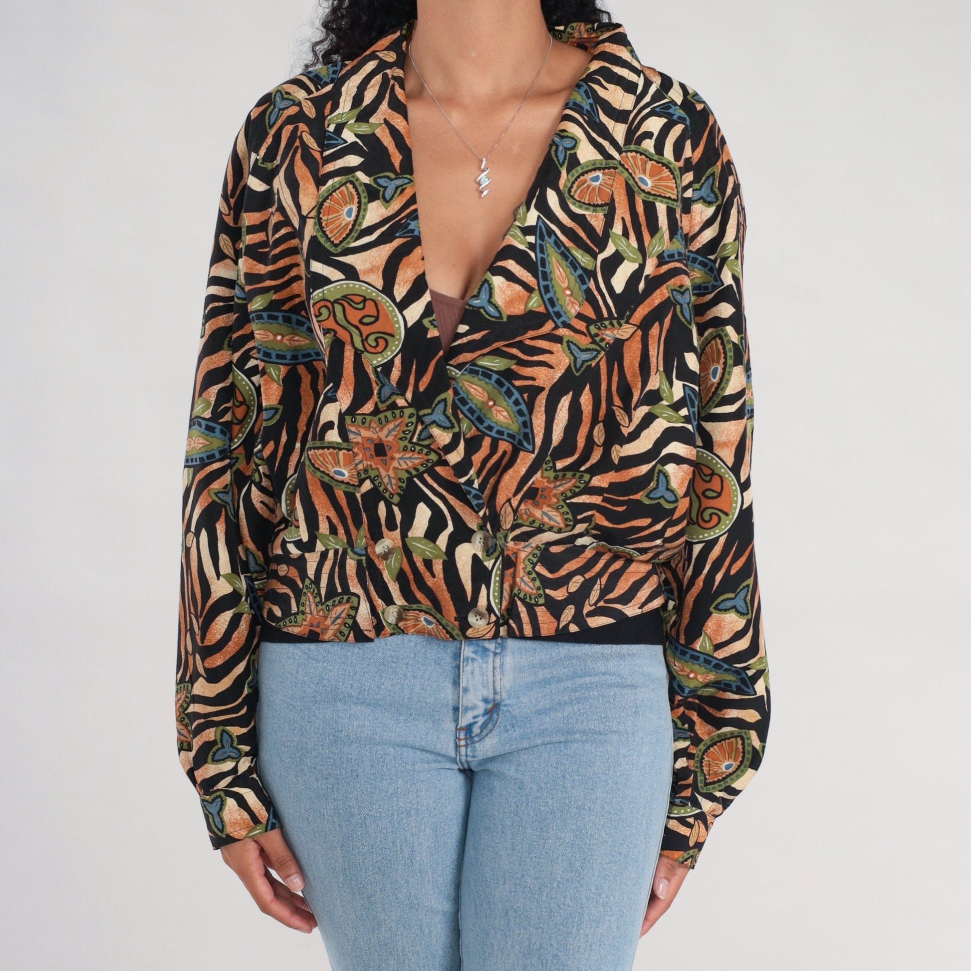 00s Silk Tiger Stripe Windbreaker Jacket Floral Deep V Black Burnt Orange Large