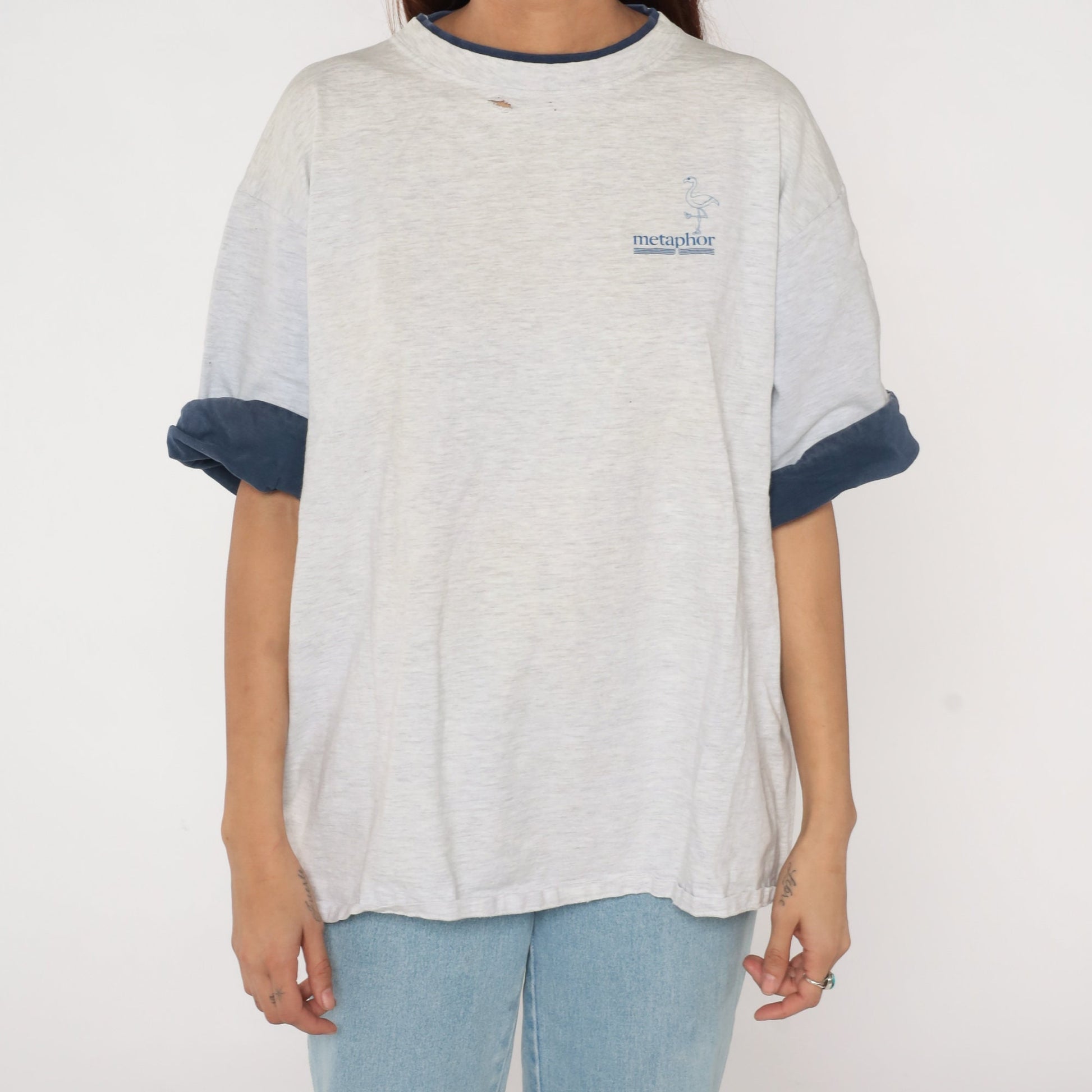 90s Metaphor Flamingo Logo T-Shirt Cuffed Sleeve Heather Grey XXL