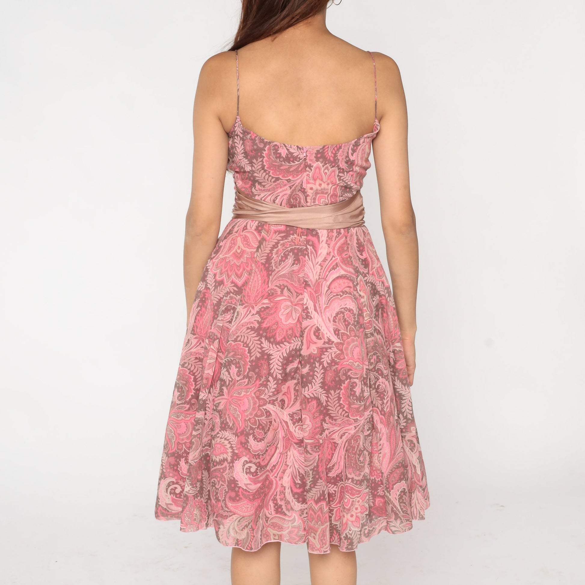 Y2K Pink Indian Floral Wrap Dress Spaghetti Strap V Neck Knee Length Small