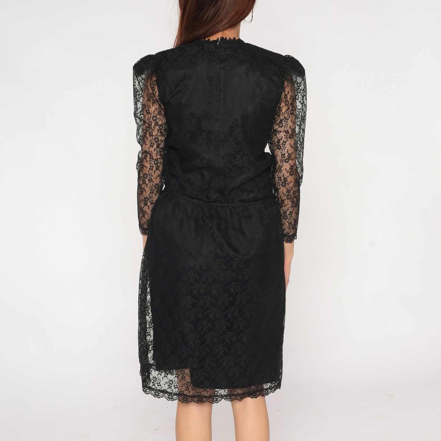 80s Scott McClintock Black Lace Midi Dress Beaded Illusion Neckline Small