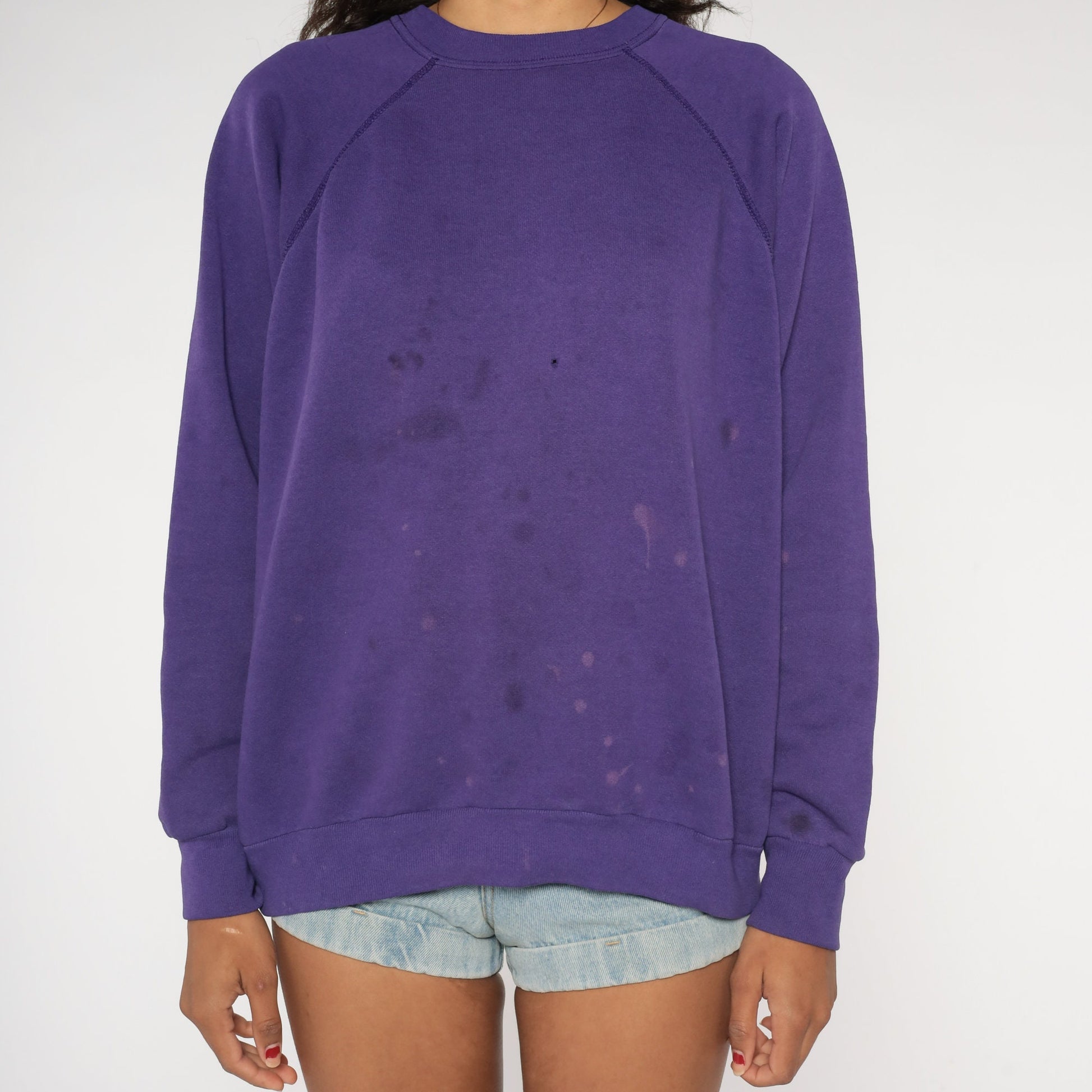 80s Purple Raglan Sweatshirt Distressed Crewneck Slouchy Large L