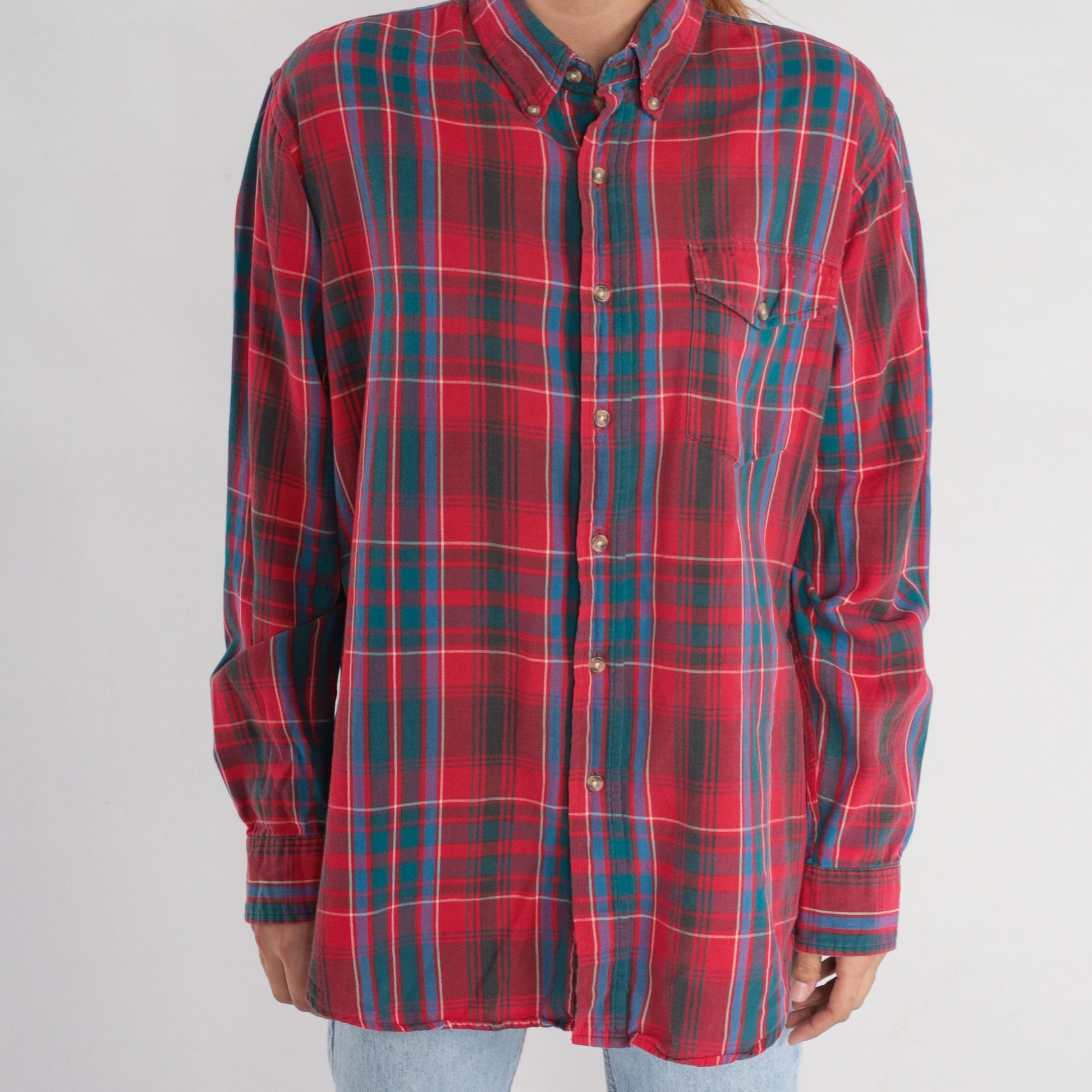 90s Woolrich Plaid Button-Up Shirt Red Blue Green Long Sleeve Extra Large XL