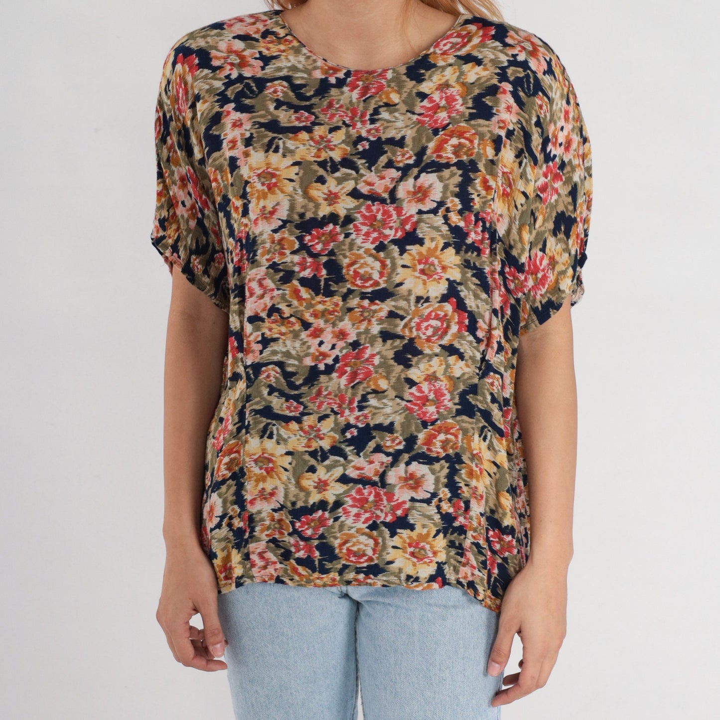 90s Karen Scott Floral Blouse Short Sleeve Rayon Navy Yellow Pink Large L