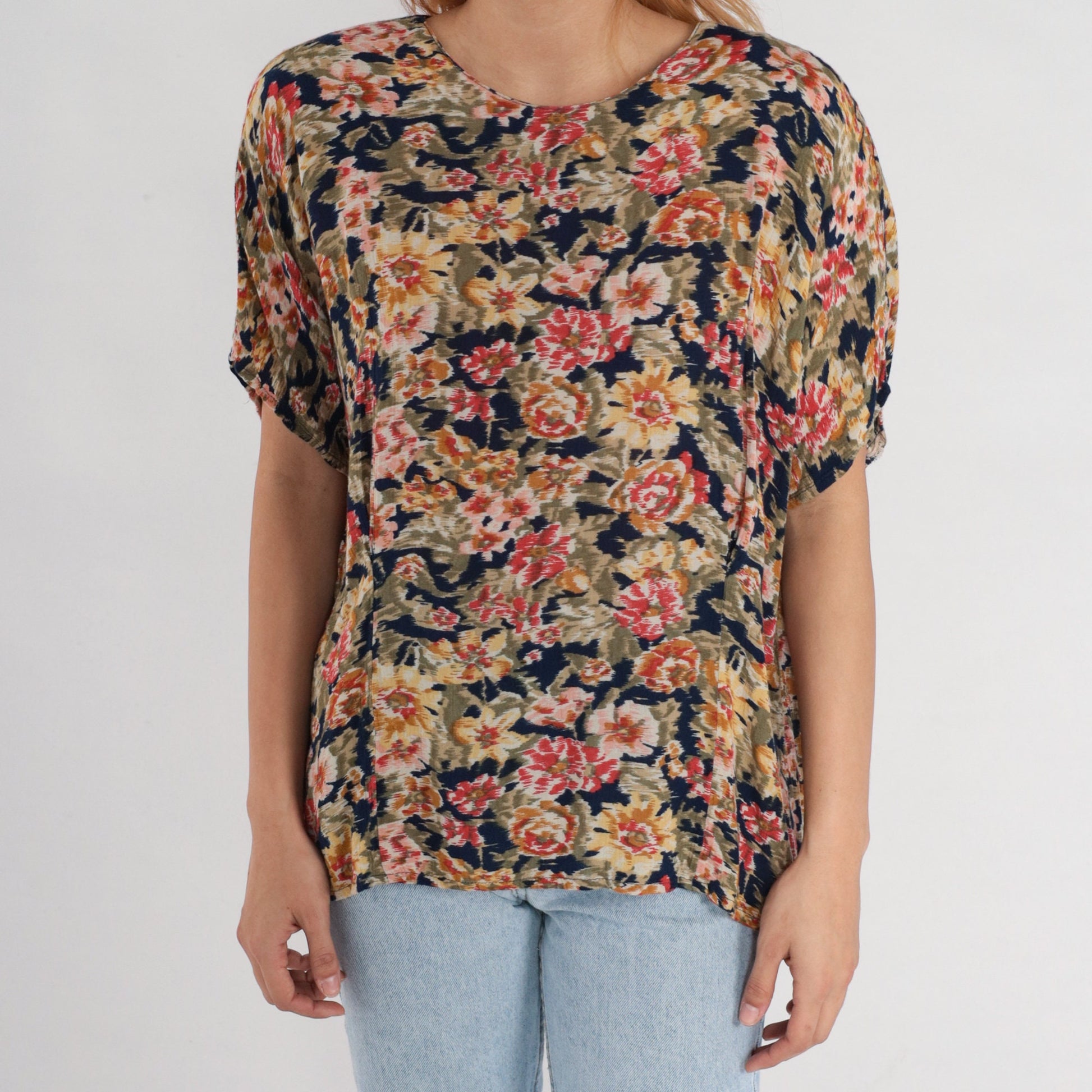 90s Karen Scott Floral Blouse Short Sleeve Rayon Navy Yellow Pink Large L