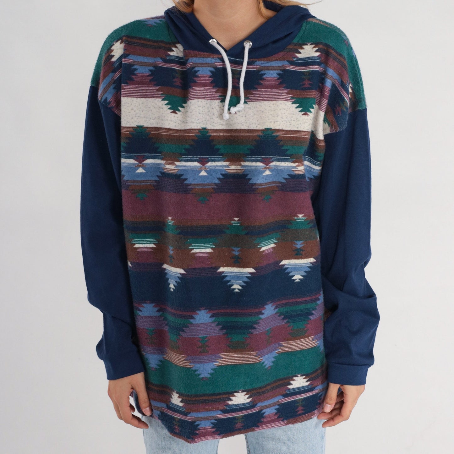90s Southwestern Aztec Hooded Fleece Tee Dark Blue Cotton Large