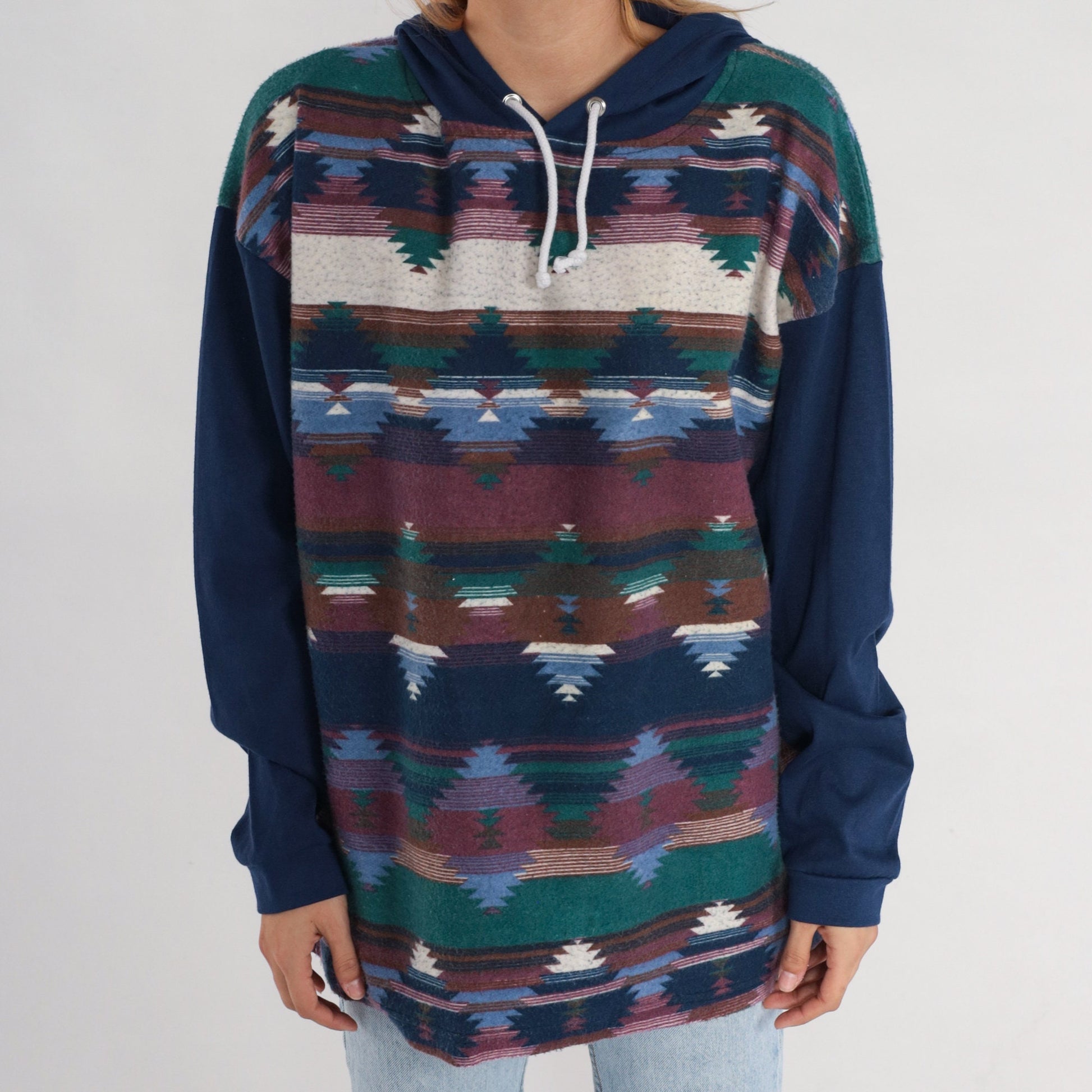 90s Southwestern Aztec Hooded Fleece Tee Dark Blue Cotton Large