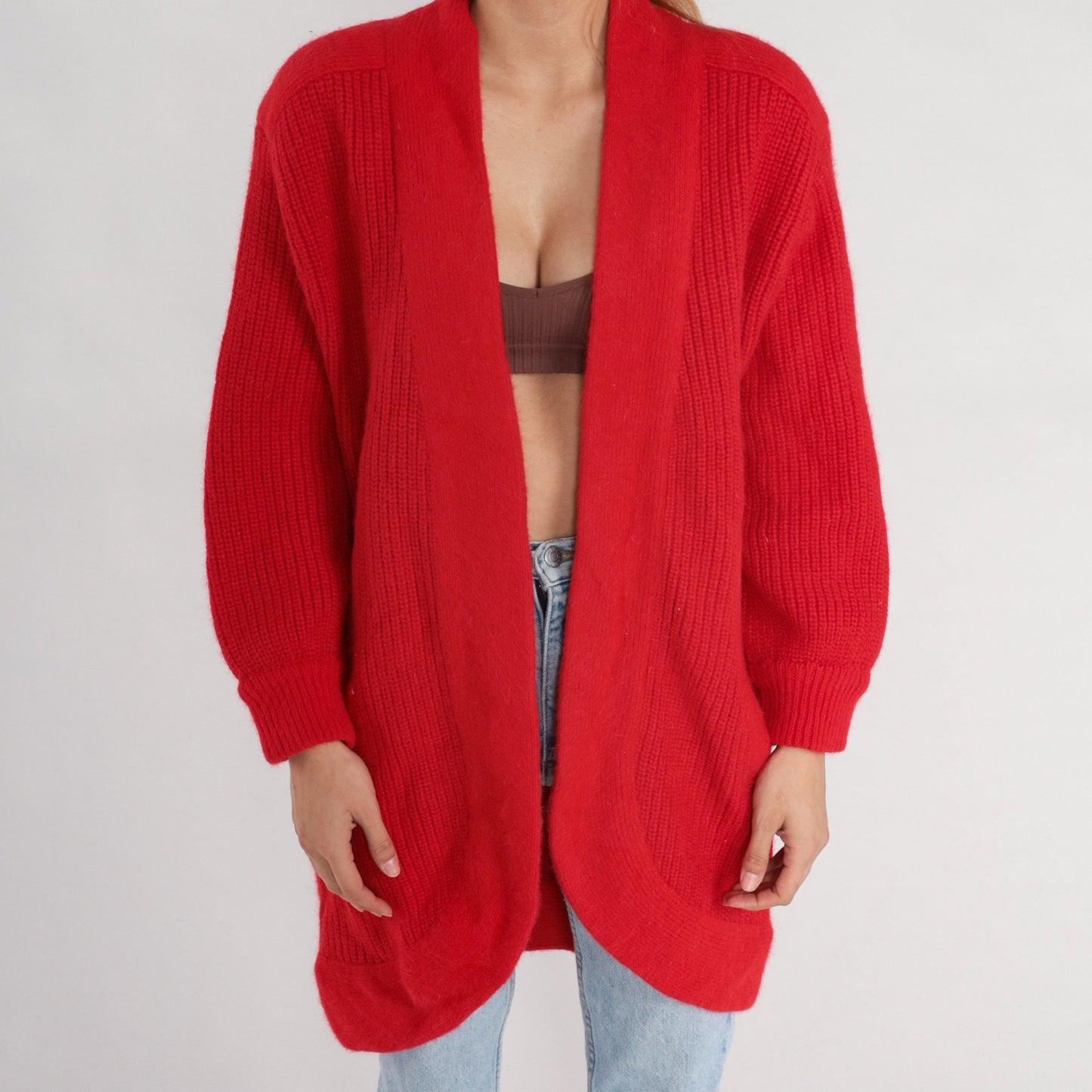80s Red Wool Blend Cardigan Sweater Ribbed Knit Open Front Pockets Medium Large