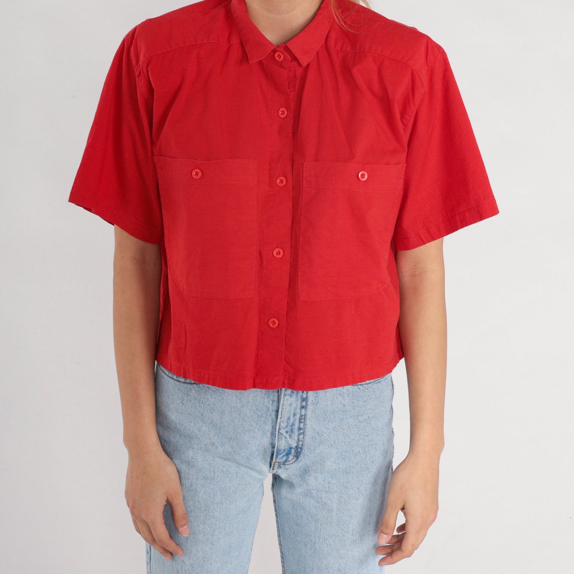 80s Red Button-Up Blouse Short Sleeve Chest Pocket Cotton Blend Medium