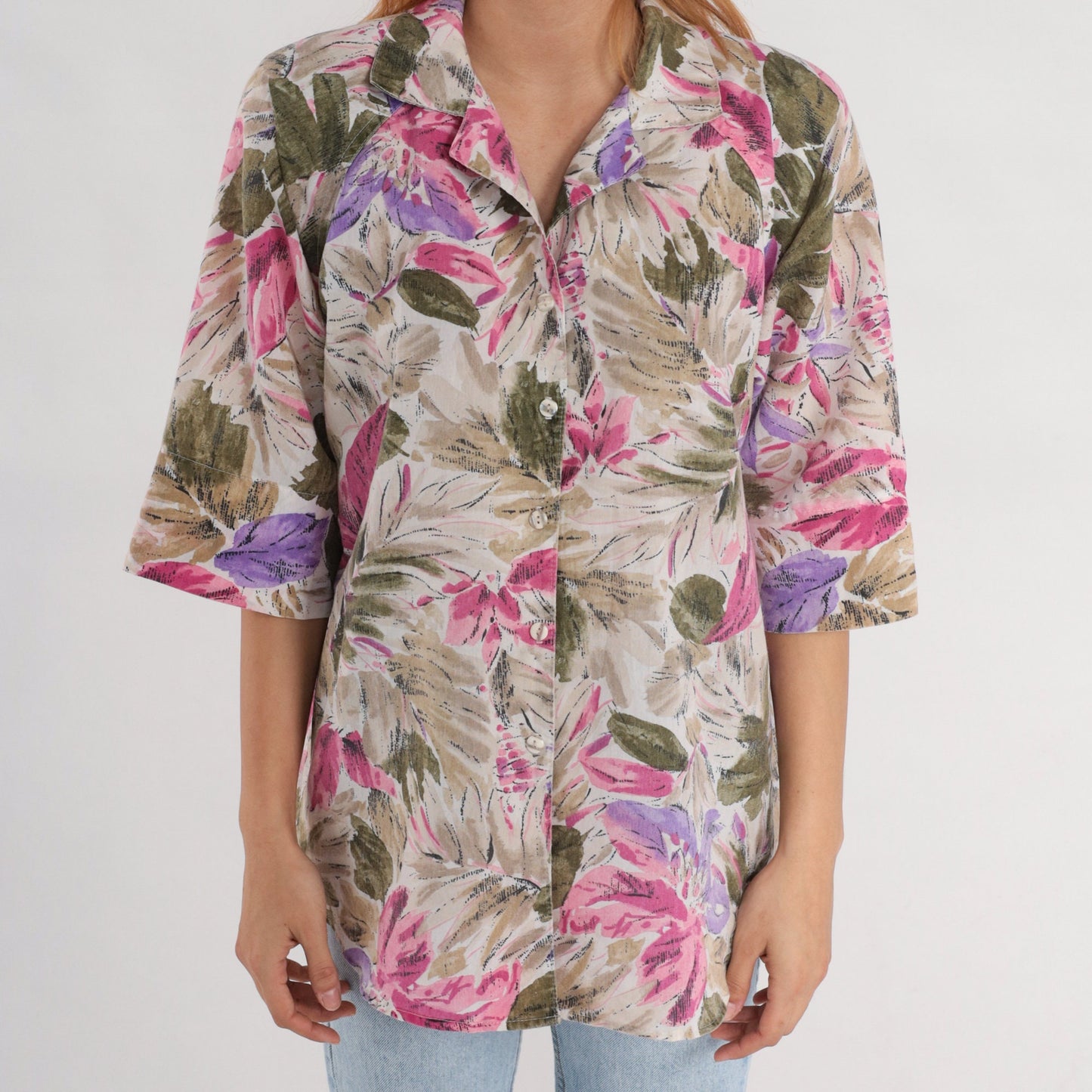 90s Floral Button Up Blouse Tan Olive Green Purple Pink 3/4 Sleeve XXL