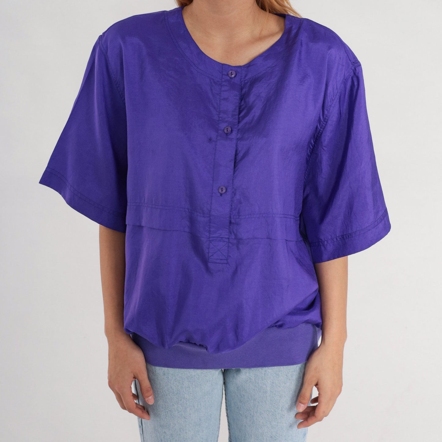 90s Leslie Fay Purple Button-Up Blouse Half Sleeve Banded Hem XXL
