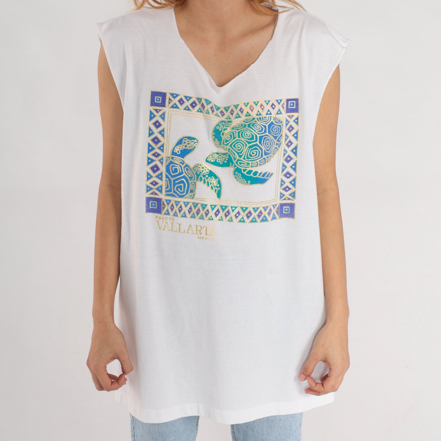 90s Puerto Vallarta Sea Turtle Tank Top White Gold Graphic Medium Large