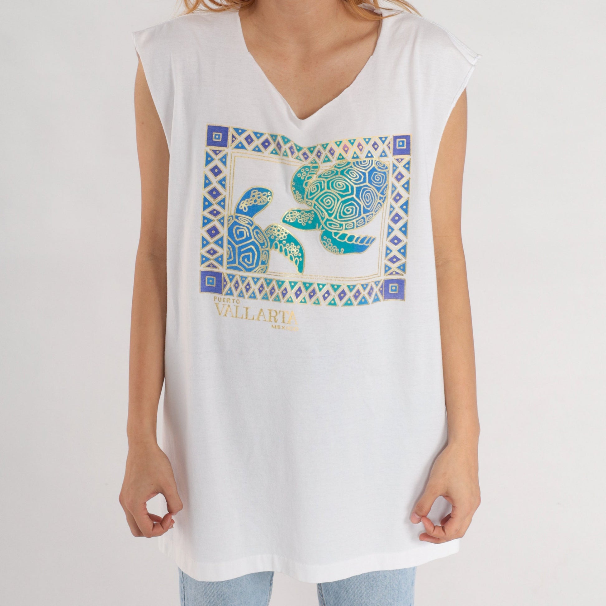 90s Puerto Vallarta Sea Turtle Tank Top White Gold Graphic Medium Large