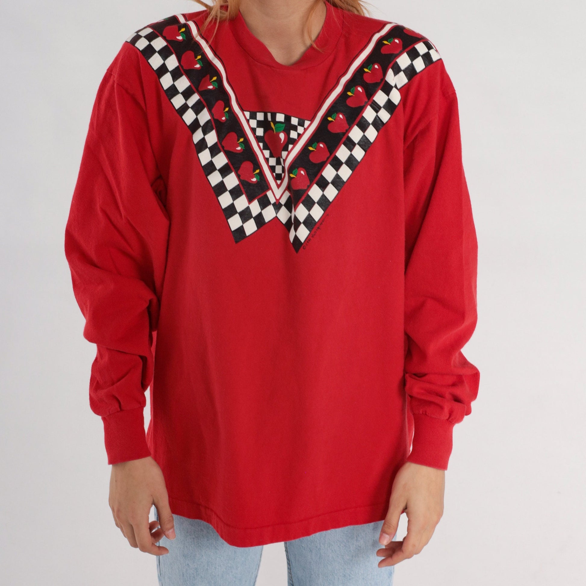 90s Apple Checkered Print Long Sleeve T-Shirt Red Extra Large XL