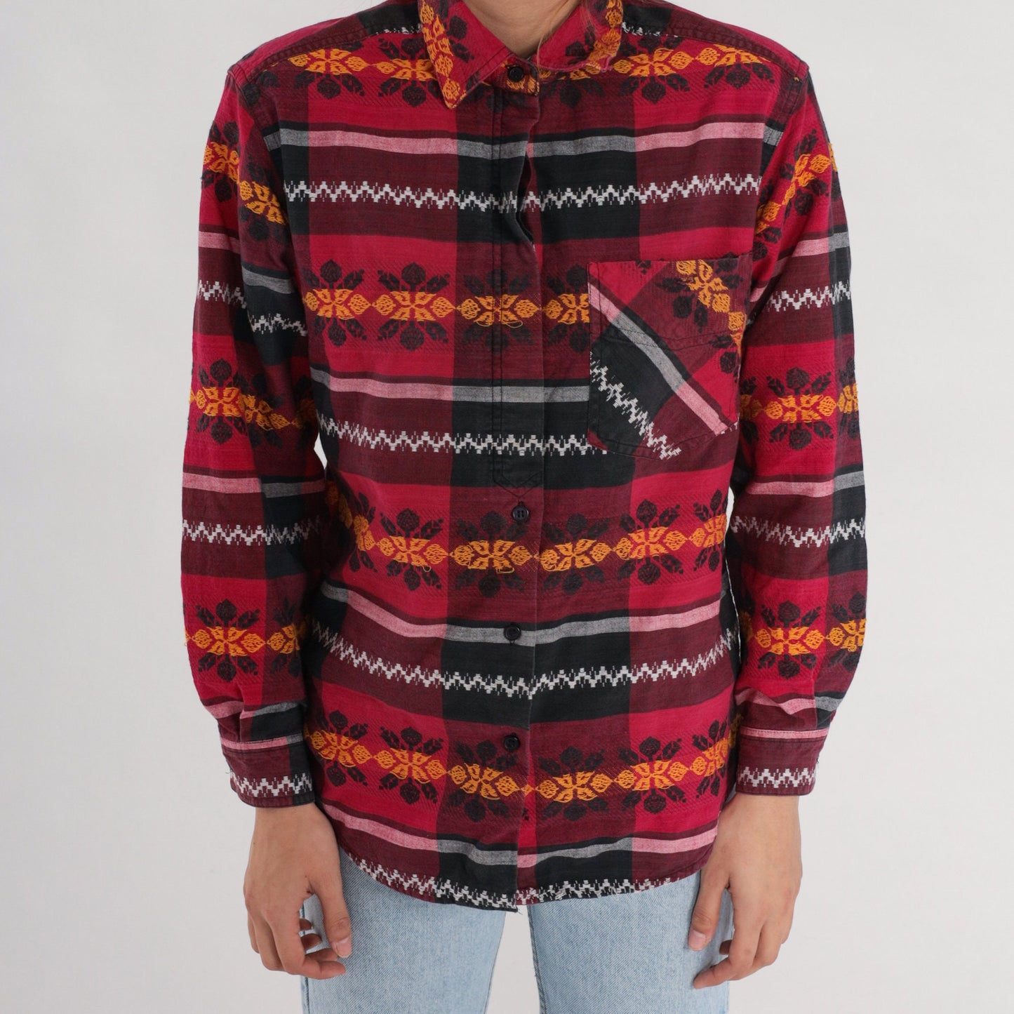 90s Checkered Floral Button Up Blouse Red Black Embroidered Long Sleeve Medium